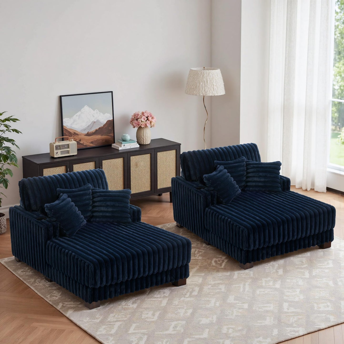 59" Chaise Lounge Chair Indoor, Upholstered Oversized Sleeper Sofa Bed Reading Chairs with 3 Soft Pillows & 2 Cup Holders, Comfy Cloud Deep Seat Sofa for Living Room Bedroom, Set of 2, Navy