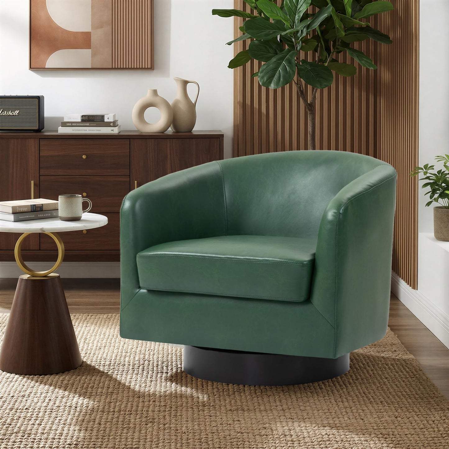Swivel Barrel Chairs Set of 2, 31" W Modern Faux Leather Round Swivel Accent Chair for Living Room, 360° Rotation Upholstered Armchair Club Chair for Bedroom, Reading Room, Office (Brown)