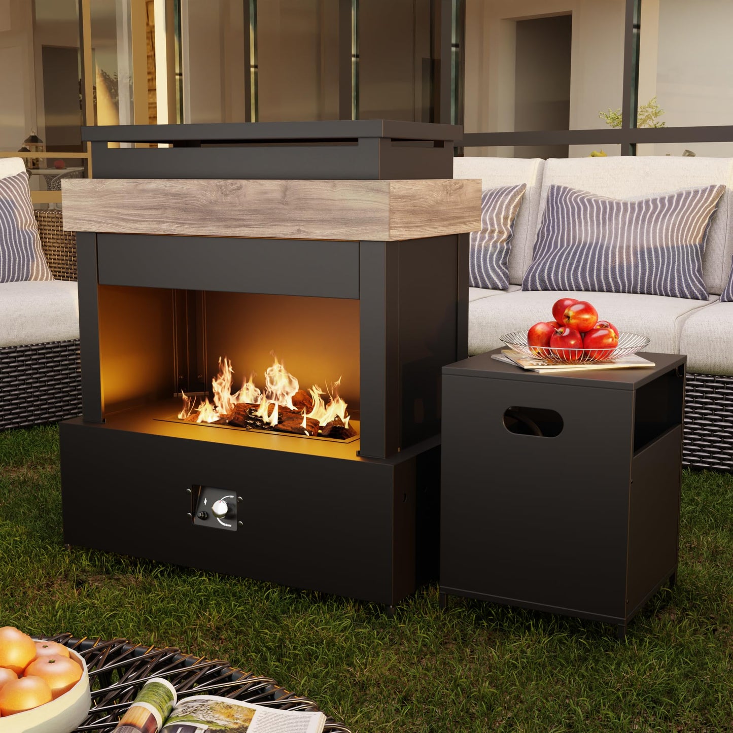47.3''x35.5'' Outdoor Propane Fireplace, 50,000 BTU Vent-Free Gas Heater, CSA Certified Grey & Black Weather-Resistant Steel, Realistic Ceramic Logs, Rain Cover Included