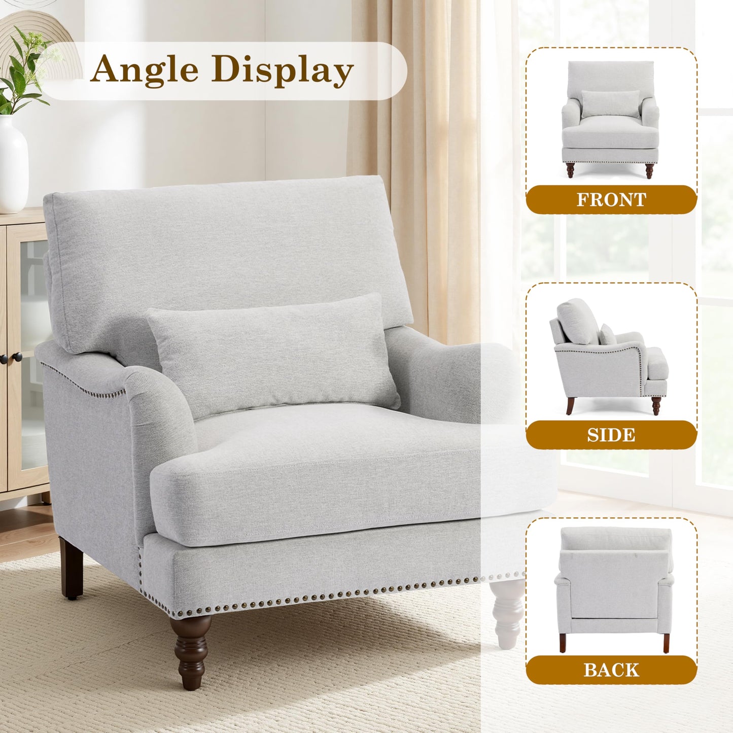 Accent Chair for Living Room, Upholstered Armchair with Nailhead Trim & Solid Wood Legs, Mid Century Modern Club Chair for Bedroom/Reading Room, Rococo Green
