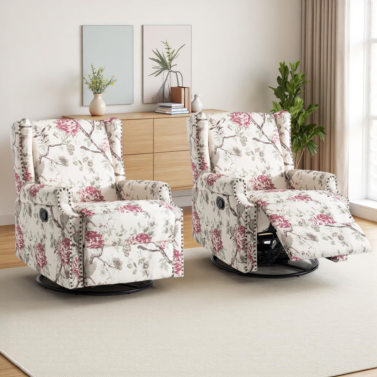 Swivel Rocker Recliner Chair, 360° Swivel Wingback Recliner Chairs for Adults, Upholstered Printed Fabric Glider Rocking Chair with High Back, Deep Seat for Living Romm Bedroom, Bird