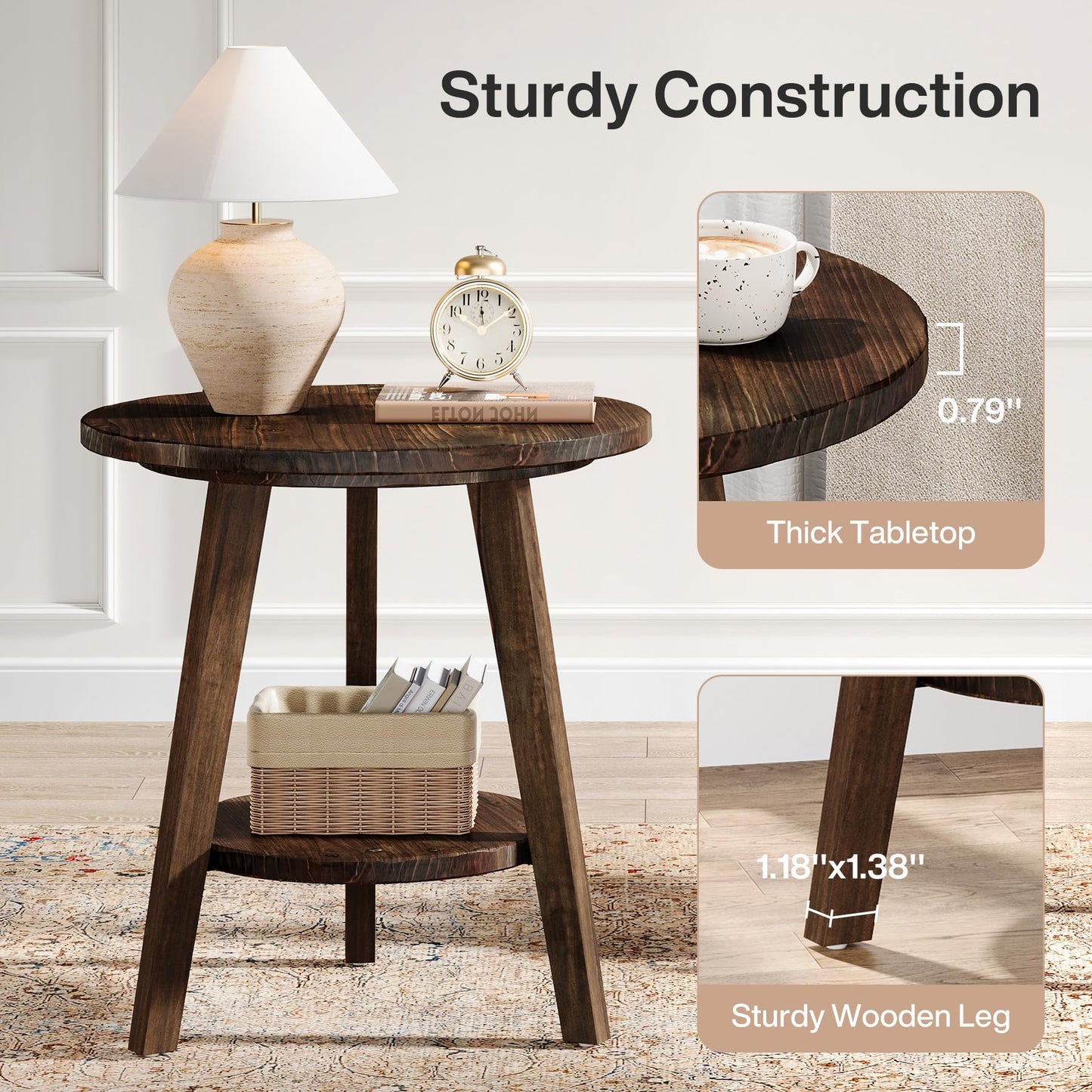 Solid Wood Round End Table, Sofa Side Table with Storage Shelf, Farmhouse Nightstand for Living Room, Bedroom, Easy Assembly (Dark Brown, 1 PC)