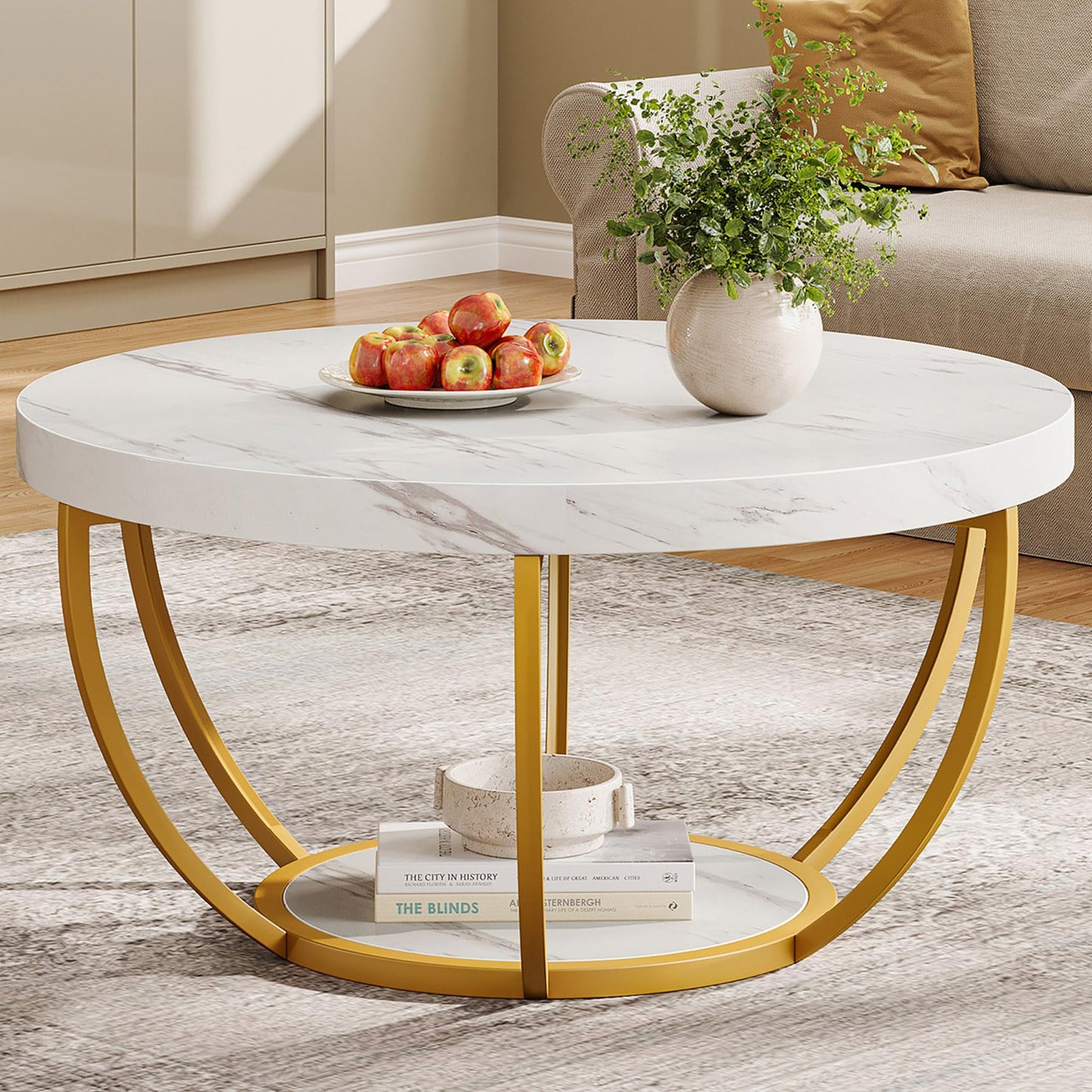 Tribesigns Round Coffee Table, 31.7" Wooden 2-Tier Circle Coffee Table with Storage Shelves, Modern Accent Cocktail Table Center Table for Living Room, Grey