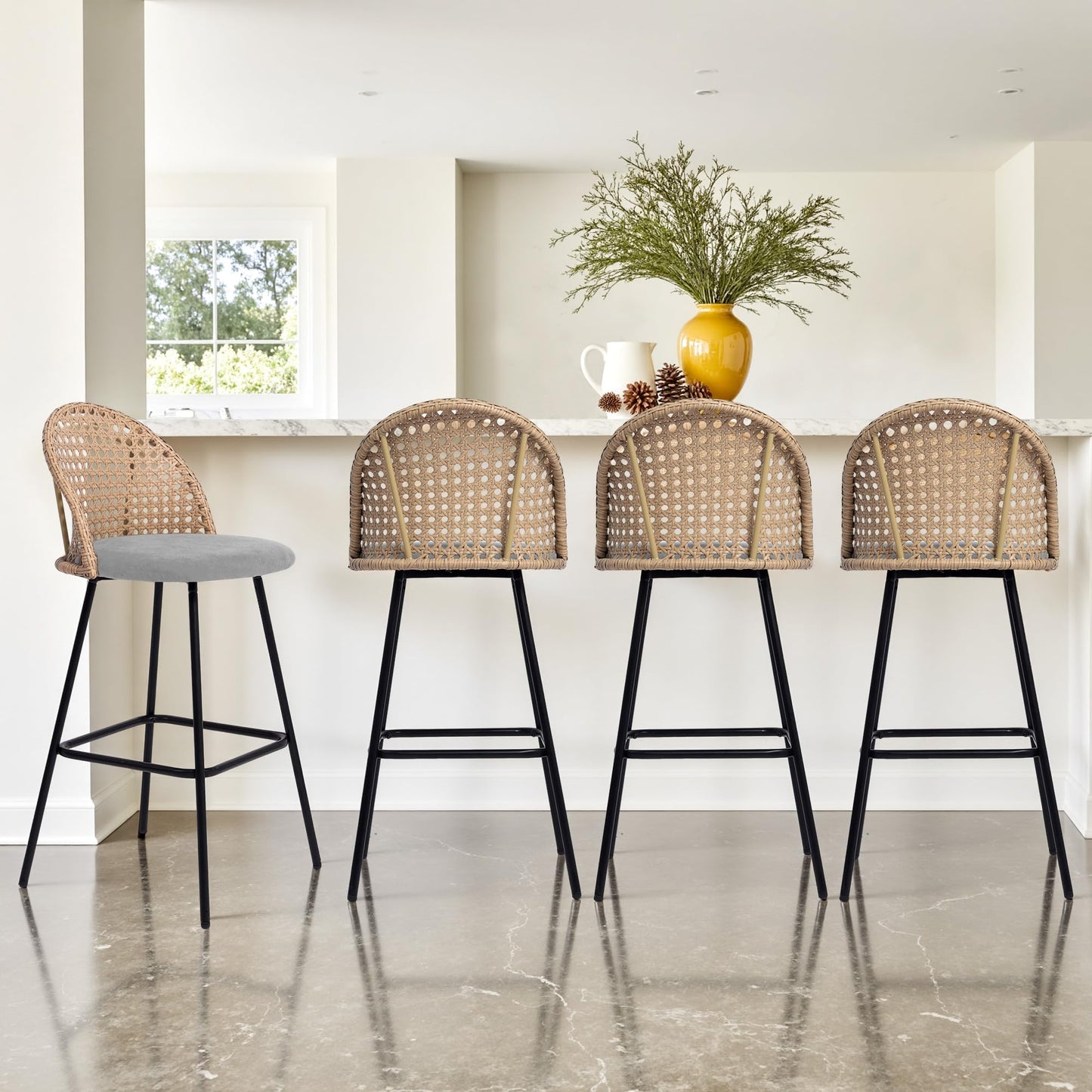 28.7" Swivel Bar Stools Set of 2, Mid Century Modern Counter Height Barstools with Rattan Backrest, Upholstered Chenille Armless Bar Chair Island Stools for Kitchen Island, Bar, Beige