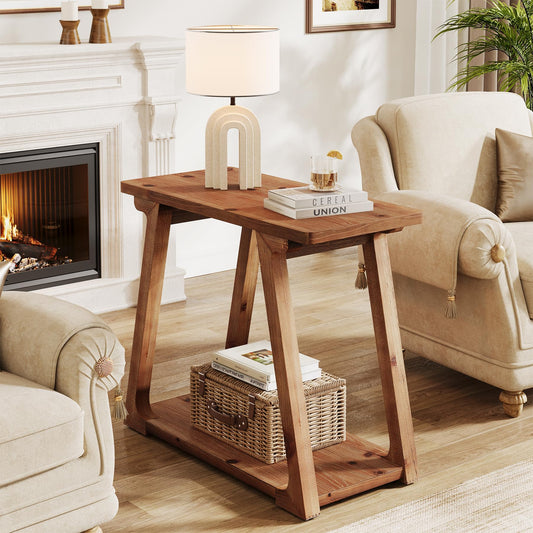 2-Tier Solid Wood End Table, Narrow Side Table, Farmhouse Rectangle Nightstand for Living Room, Bedroom, Easy Assembly, Trapezoidal Base (2, Natural Brown)