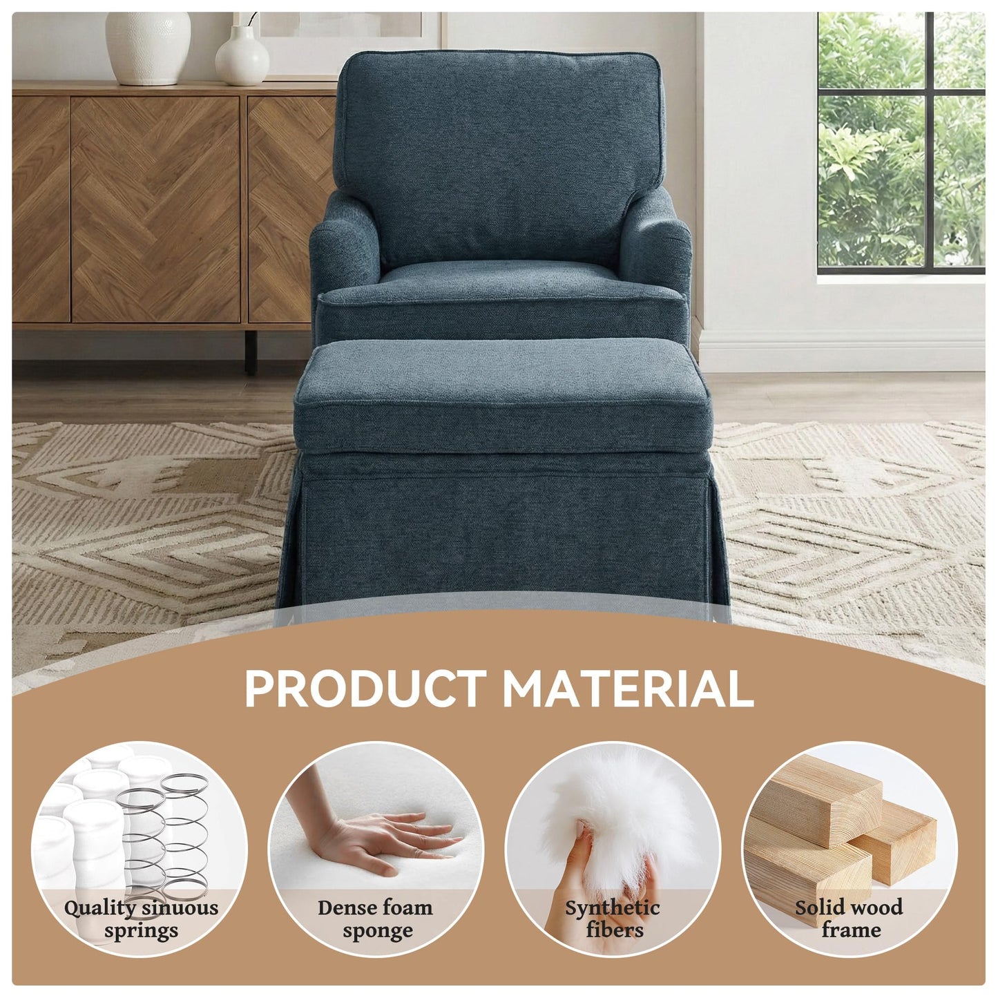 Swivel Accent Chair, 360° Swivel Upholstered Armchairs with Curved Arms, Comfy Chenille Fabric Lounge Reading Chairs for Living Room Bedroom Study, Metal Swivel Base, Tan