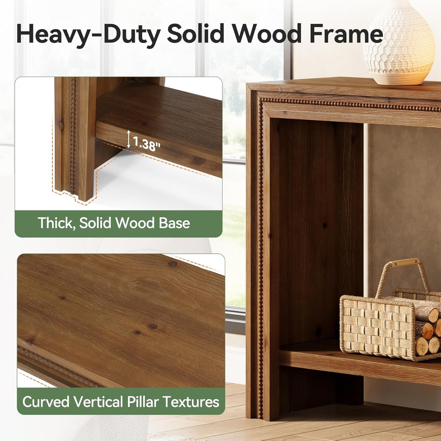 63" Solid Wood Console Table, Farmhouse Narrow Long Entryway Table with 2-Tier Storage Shelf for Living Room, Hallway, Entryway, Easy Assembly, Brown