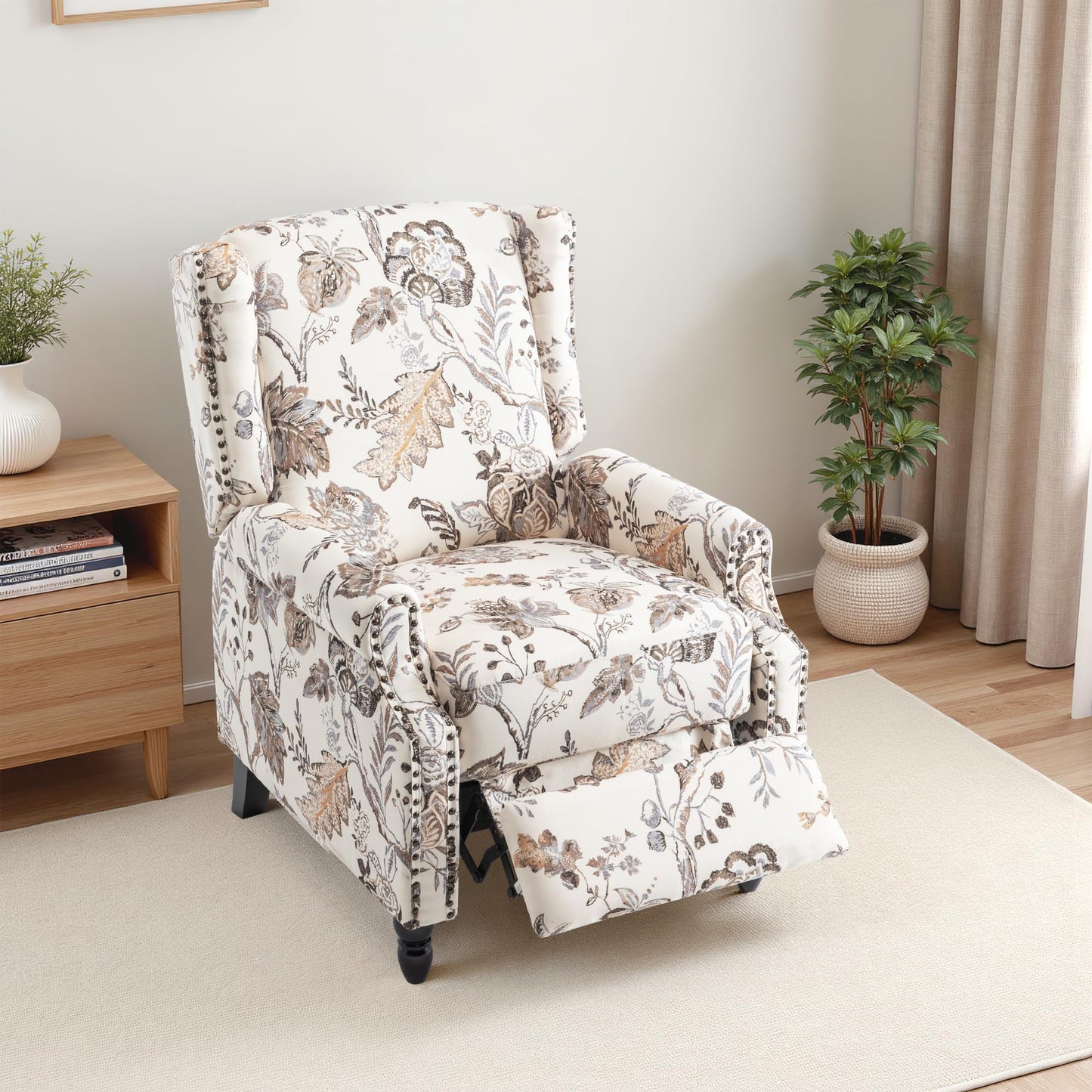 Pushback Recliner Chair, Printed Fabric Wingback Recliner Chair for Living Room, Upholstered Armchair Push Back Recliner with Wood Legs, Rivet Trim Wingback Accent Chair for Bedroom, Navy