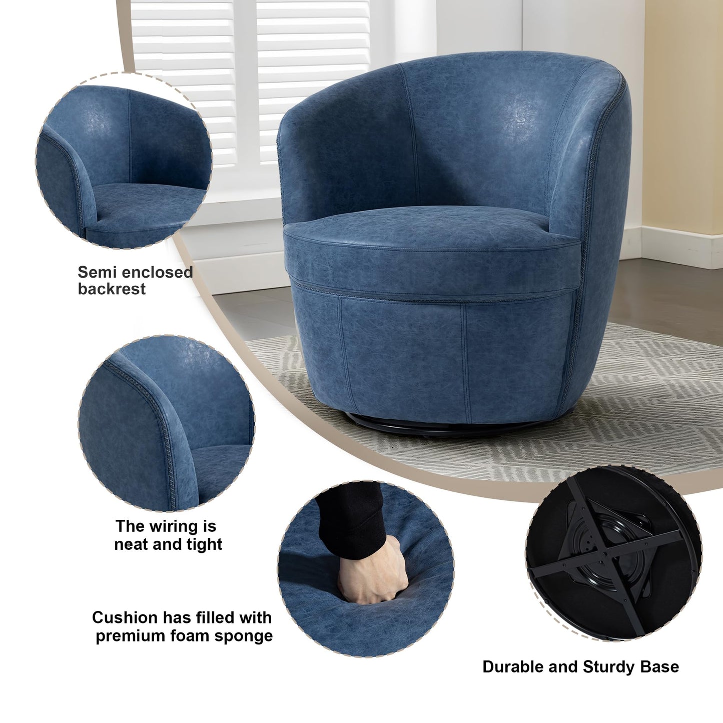360° Swivel Barrel Accent Chair, Faux Leather Round Swivel Chair for Living Room, Comfy Upholstered Armchair Single Sofa Club Chair for Bedroom Reading Room, No Assembly Required - Light Brown