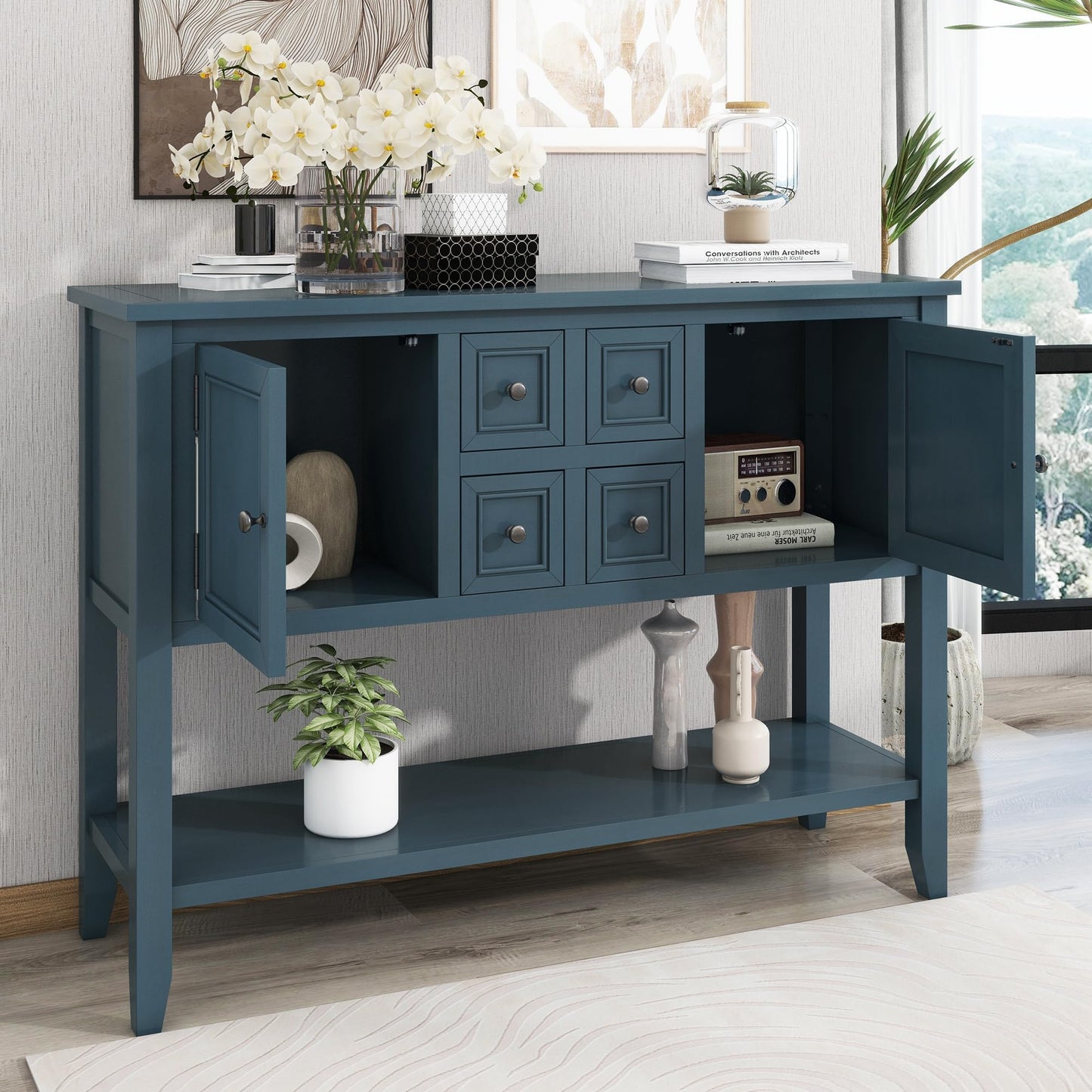 LKTART Farmhouse Sideboard Buffet Cabinet,Solid Wood Sideboard with Storage Drawers and Bottom Shelf,Coffee Bar for Entryway Hallway Foyer,Easy Assembled (46.5" Brown
