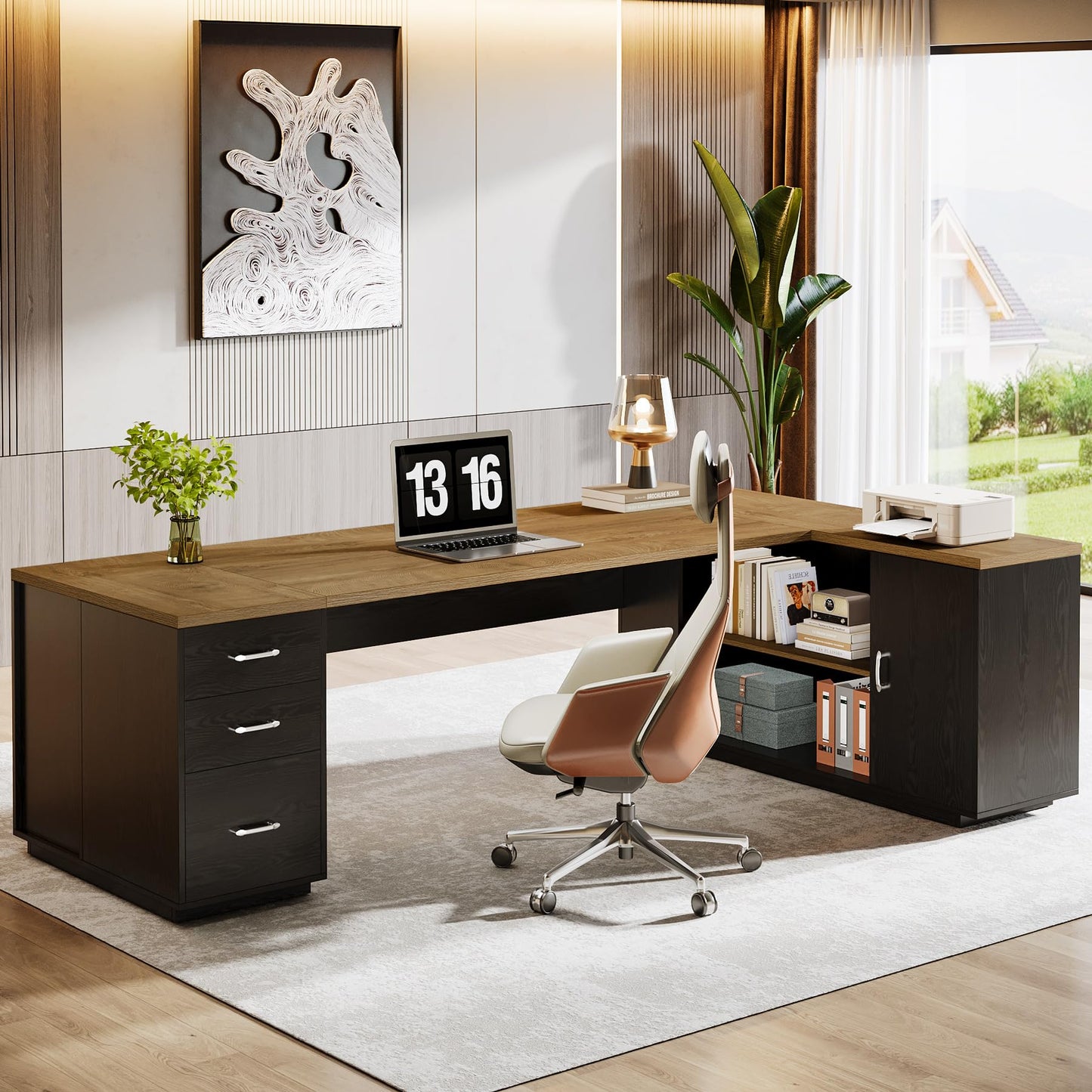 Tribesigns 85.8-Inch L-Shaped Executive Office Desk with File Drawers & Storage Cabinet, Professional Corner Computer Desk Extra Large Business Workstation with Adjustable Shelves (White&Walnut)