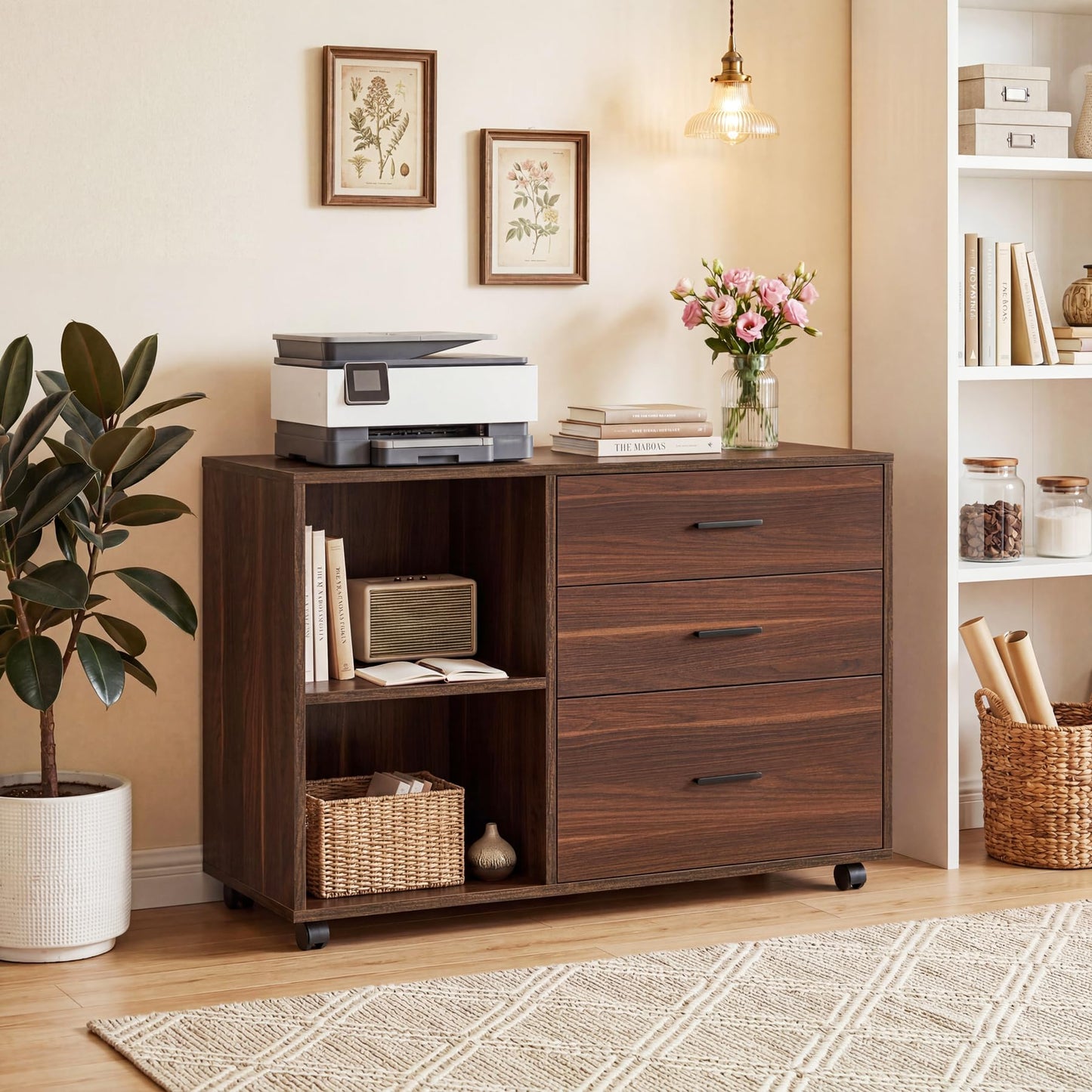Tribesigns 39-Inch Rolling File Cabinet with 3 Drawers, Wooden Office Lateral Filing Cabinet, Modern Printer Stand with Storage Shelves for Home Office, Light Brown