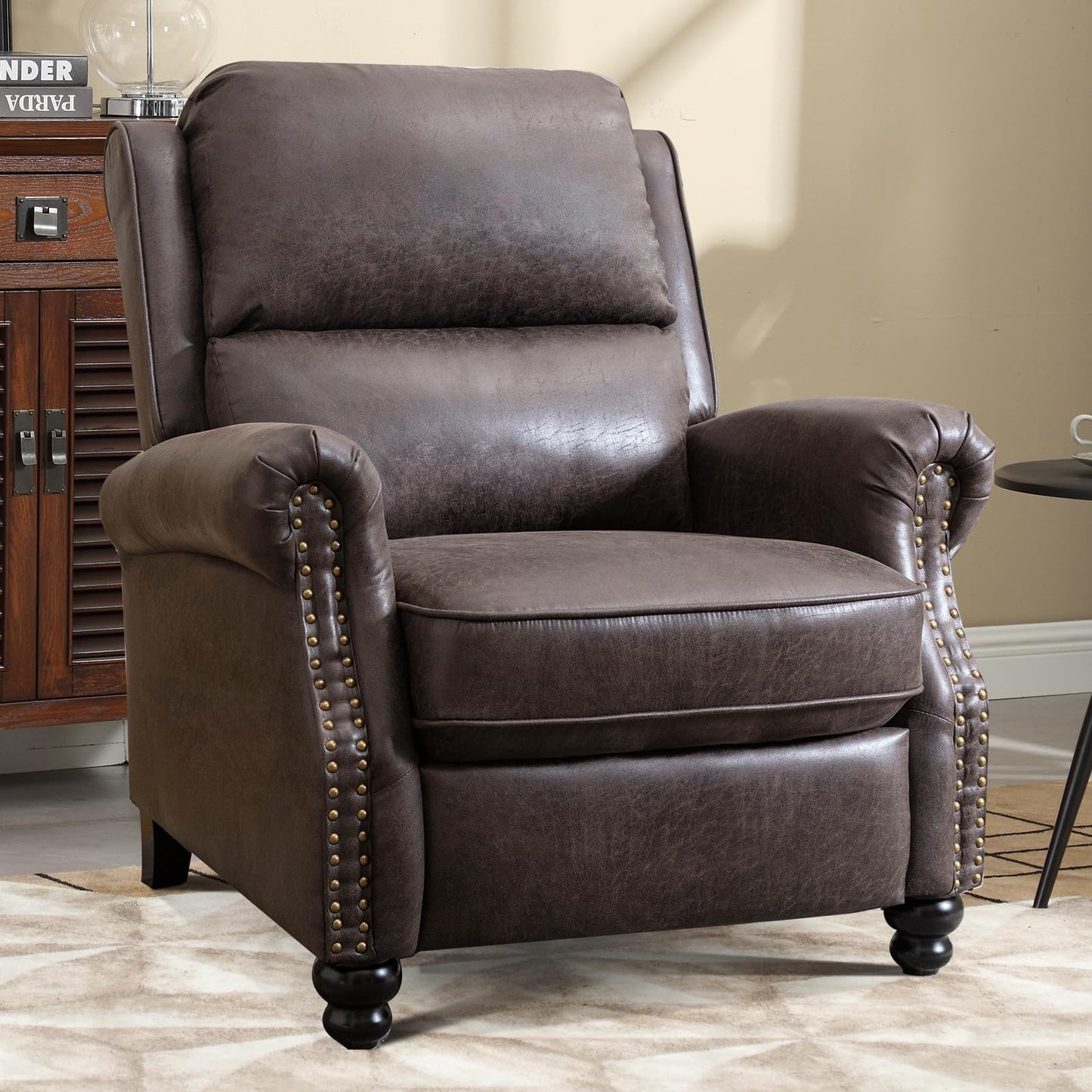 IOMOR Push Back Recliner Chair Faux Leather Lounge Armchair with Rivet Decoration Wingback Single Sofa Chair with Padded Seat Solid Wood Legs for Living Room, Comfy Upholstered, Red Brown