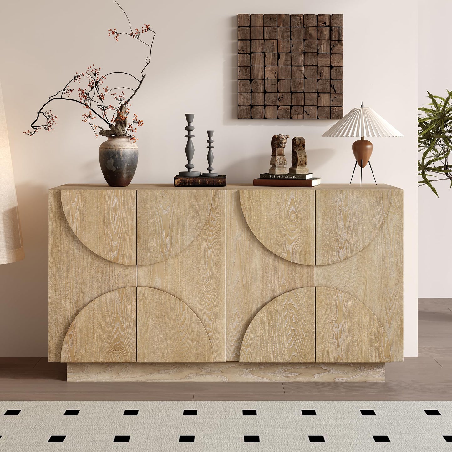 LKTART 40" Sideboard Buffet Accent Storage Cabinet with Carved Pattern Side Board Solid Wood Frame for Kitchen, Living Room, Entryway,Hallway (Blue+Brown)