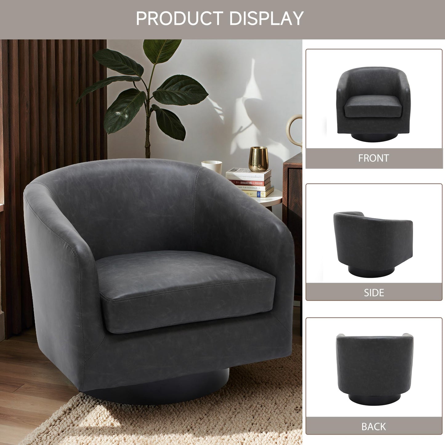 Swivel Barrel Chairs Set of 2, 31" W Modern Faux Leather Round Swivel Accent Chair for Living Room, 360° Rotation Upholstered Armchair Club Chair for Bedroom, Reading Room, Office (Brown)