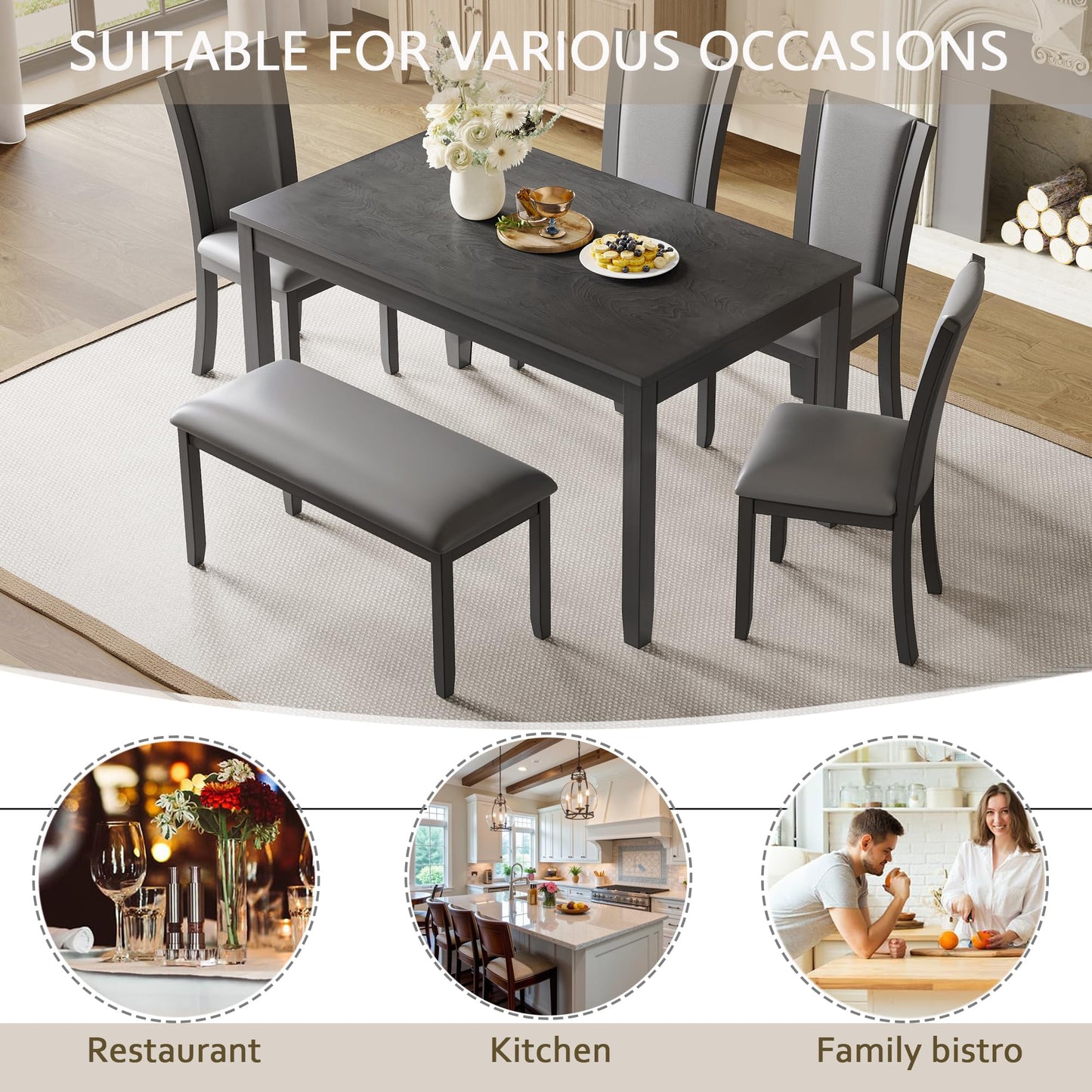 LKTART 6 Piece Kitchen Dining Set, 58.5" Rectangular Wooden Dinner Table with 4 Upholstered Chairs and a Bench for Living Room, Home Bar and Kitchen, Walnut
