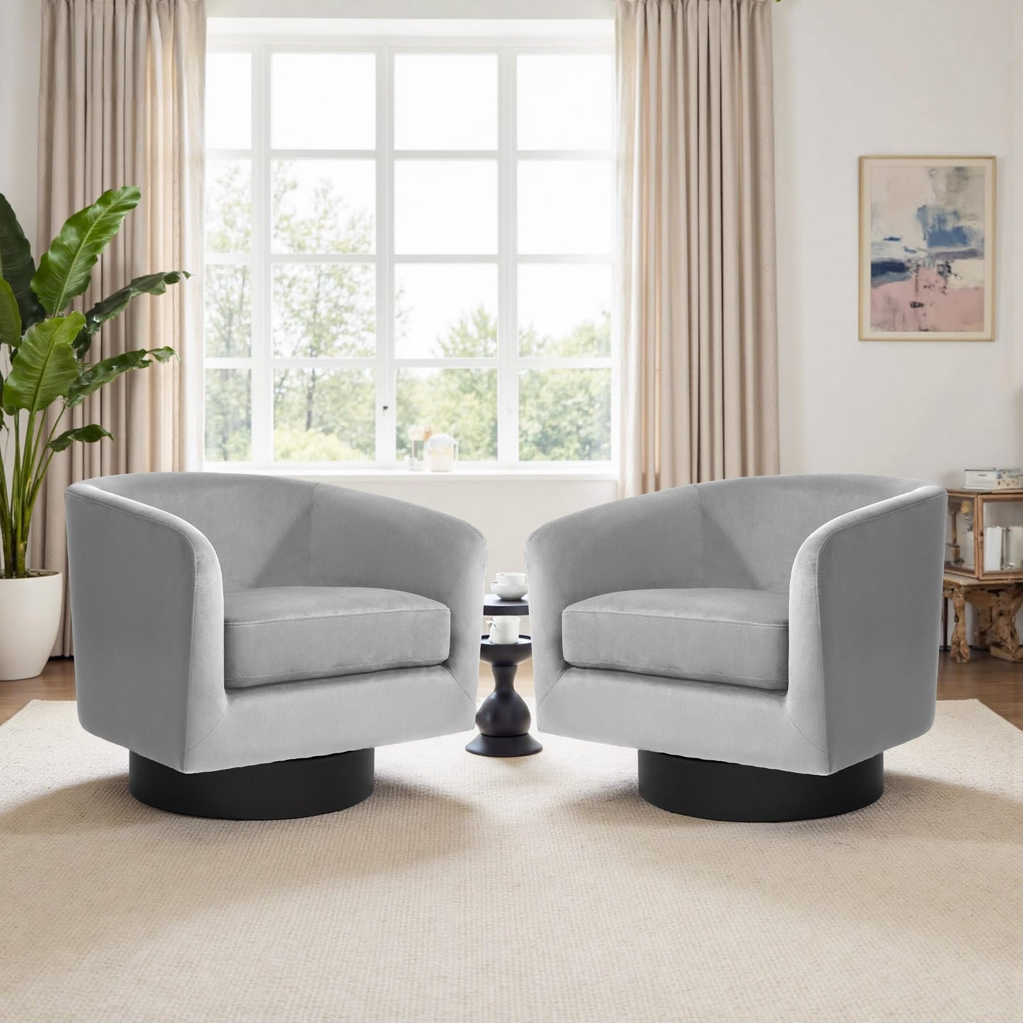 Swivel Barrel Accent Chairs Set of 2, Modern 360° Swivel Round Barrel Chair with Curve Back, Upholstered Velvet Fabric Armchair Single Sofa Club Chair for Living Room, Bedroom, Coffee