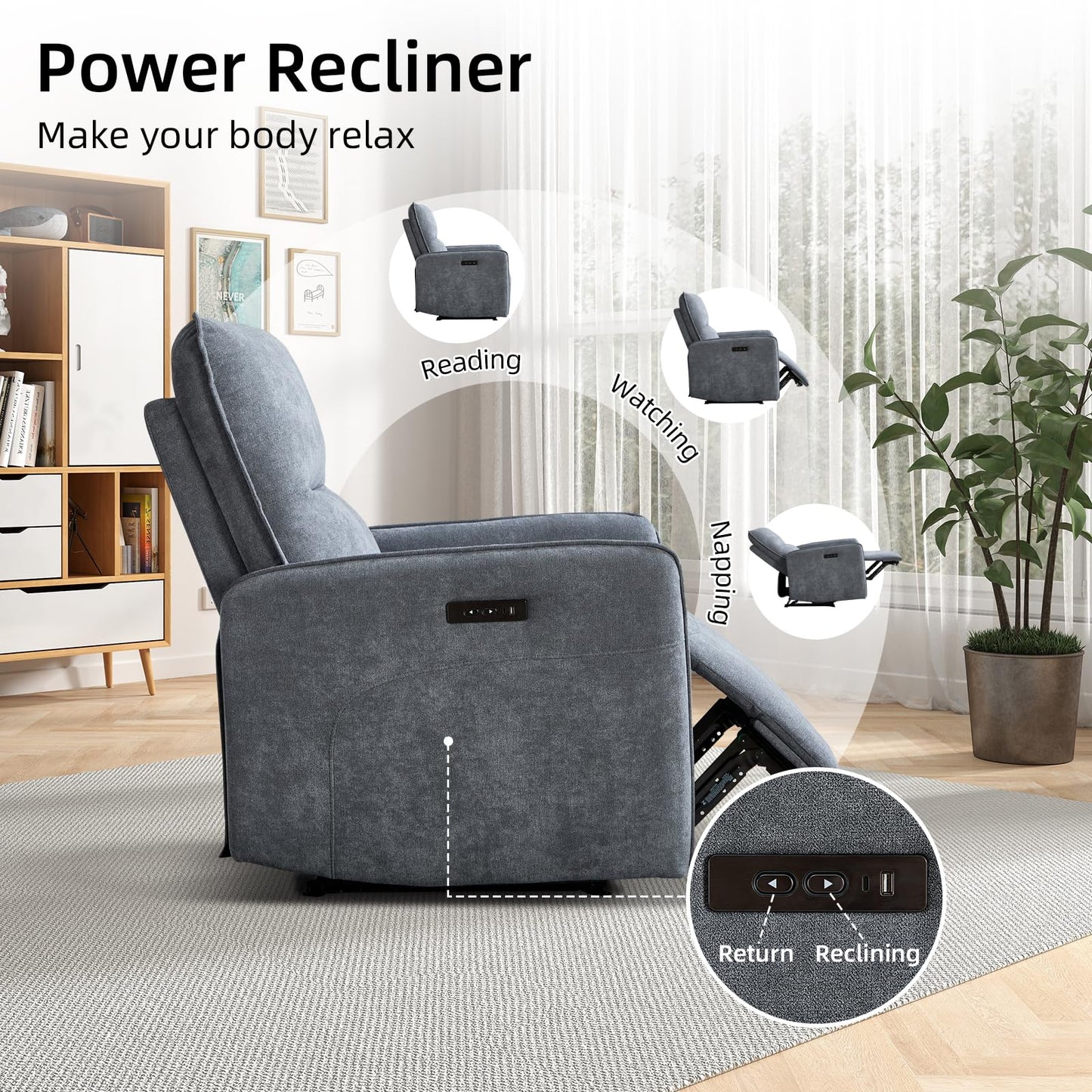 IOMOR Power Recliner Chair for Adults, Electric Recliner with USB Tape-C Ports, Zero Wall Single Reclining for Small Space, Living Room (1, Grey)