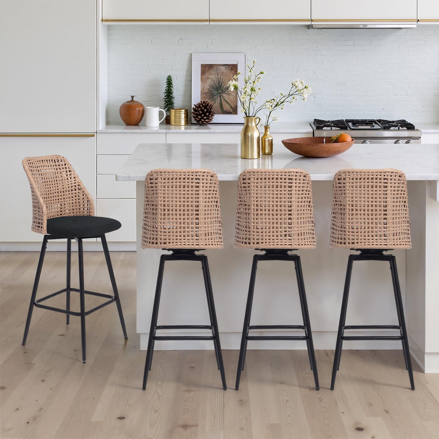 28.7" Swivel Bar Stools Set of 2, Mid Century Modern Counter Height Barstools with Rattan Backrest, Upholstered Chenille Armless Bar Chair Island Stools for Kitchen Island, Bar, Beige