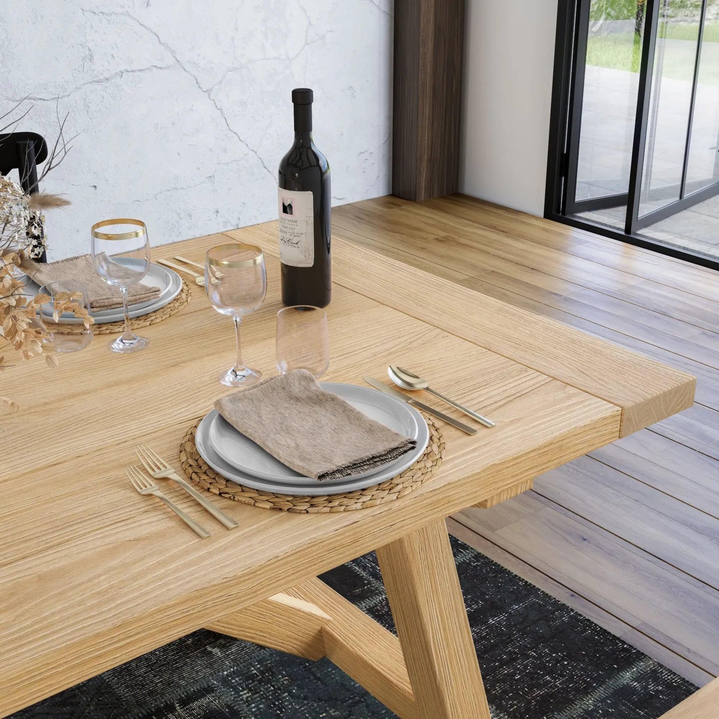 Grain Wood Furniture Solid Wood Cascais 72" Rectangular Table with Farmhouse Base in Blonde Oak Top and Base