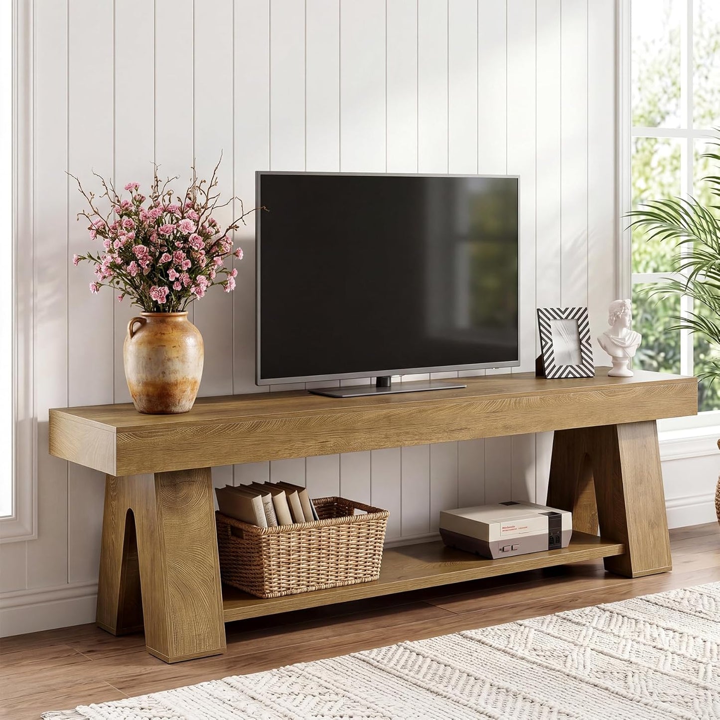 Tribesigns Wooden TV Stand for TVs up to 65'', Natural Brown Modern Entertainment Center with Lower Open Shelf, 63" Farmhouse TV Media Console for Living Room, Bedroom or Home Office