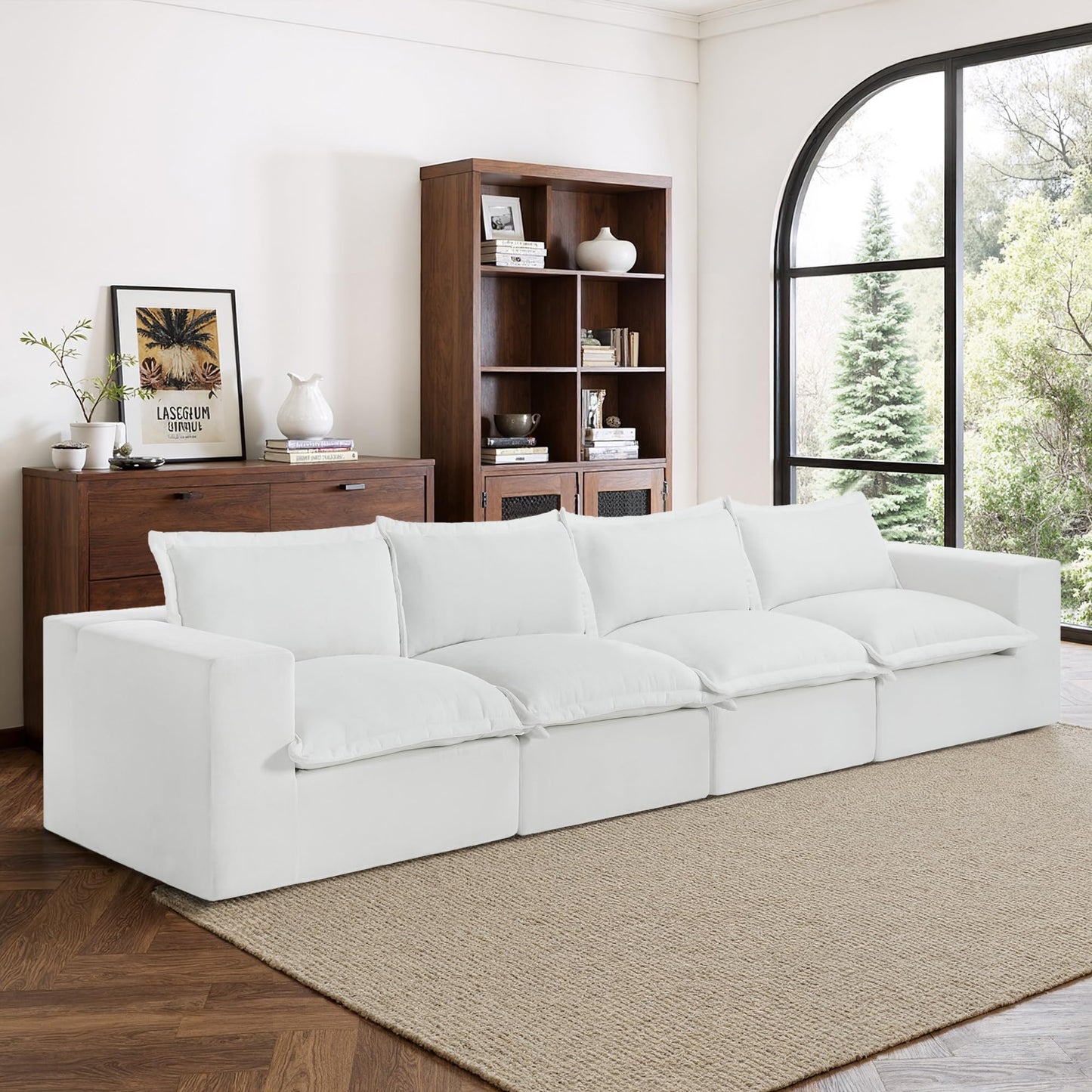 116" Modular Sectional Sofa, Comfy L Shaped Modular Coush Sofa with Ottoman, 3-Seat Chenille Cloud Couches Deep Seat Sofa for Living Room, Apartment, Small Spaces, Beige