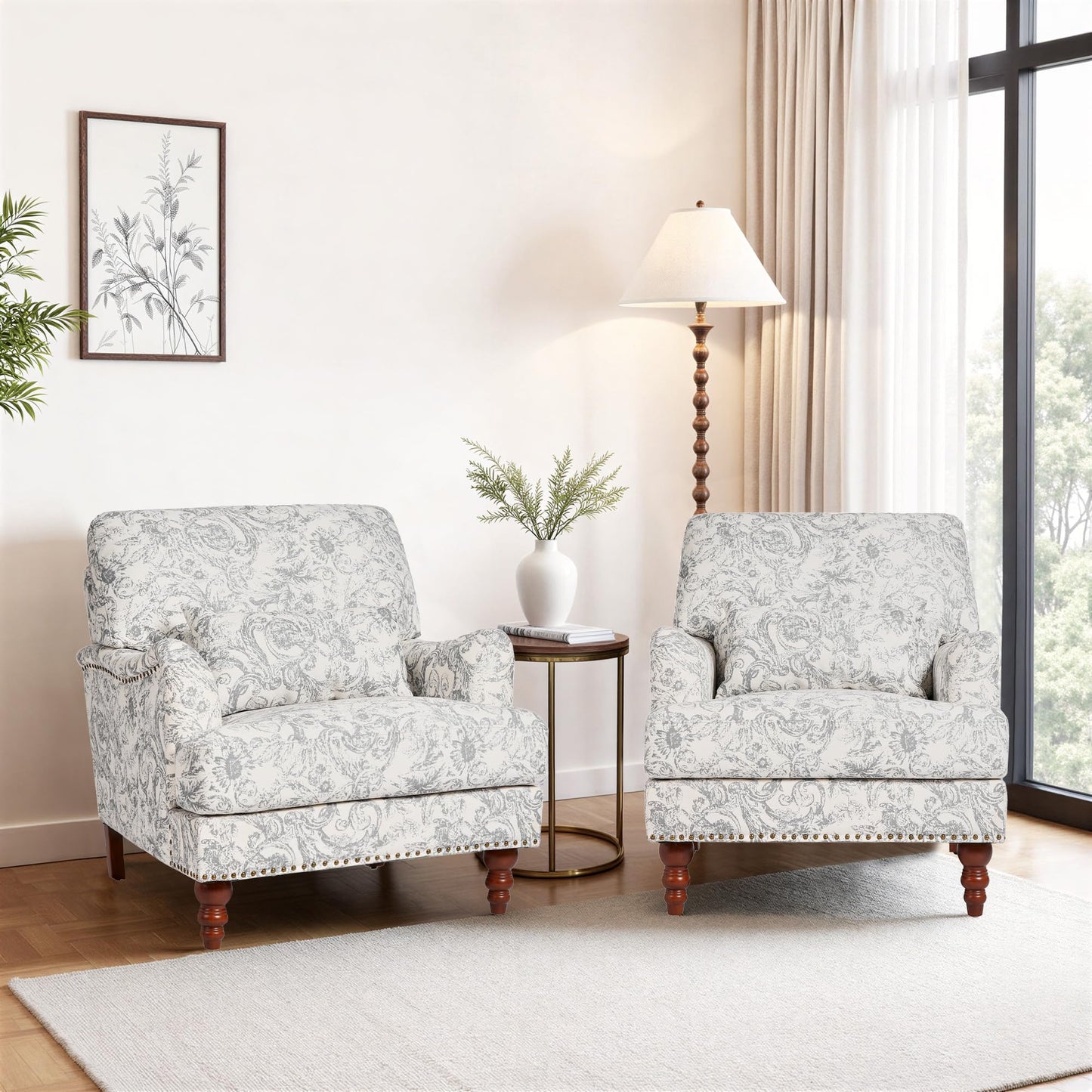 Accent Chair for Living Room, Upholstered Armchair with Nailhead Trim & Solid Wood Legs, Mid Century Modern Club Chair for Bedroom/Reading Room, Rococo Green