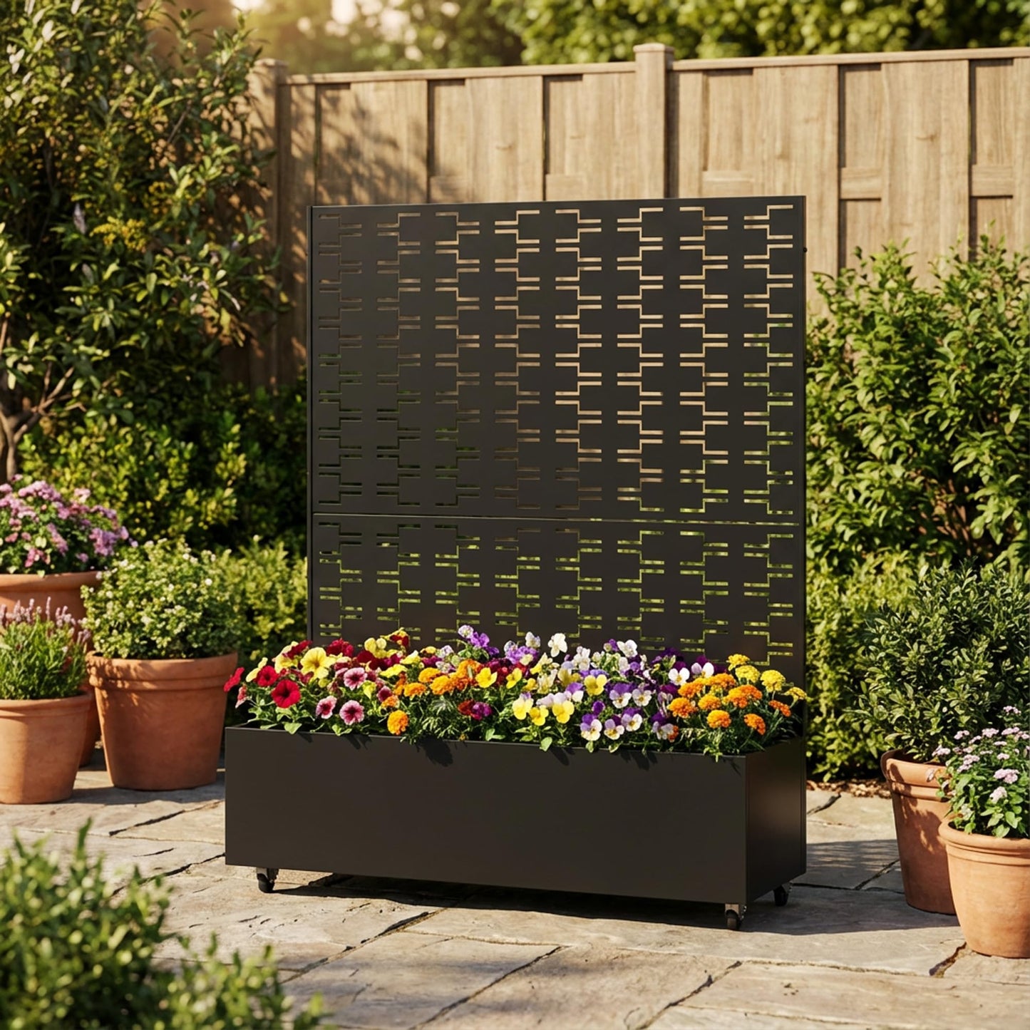 Metal Raised Garden Bed with Trellis and Wheels, 71"x47"x16" Planter Box with Privacy Screen & Drainage Holes, Arched Outdoor Garden Bed for Climbing Plants, Vegetables, Flowers (Black-Square)
