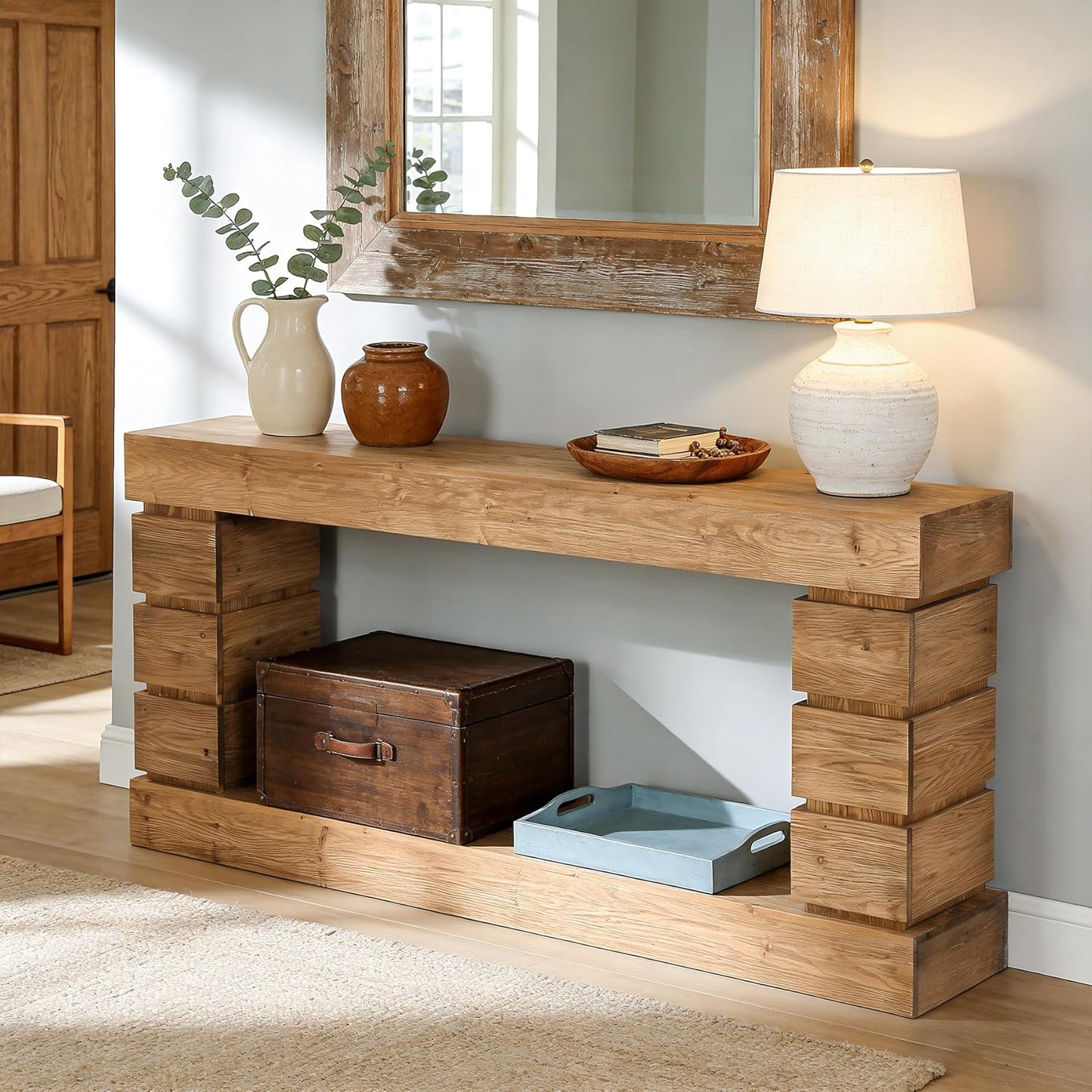 Solid Wood Console Table for Entryway, 62.9-Inch Long Narrow Sofa Table with Storage Shelf for Living Room Hallway