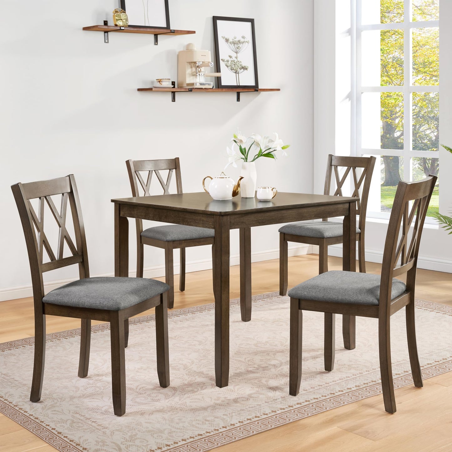 LKTART 5-Piece Kitchen & Dining Room Table and Chairs Sets,Small Square Kitchen Table with 4 Upholstered XX-Shaped Backrest Chairs,Walnut