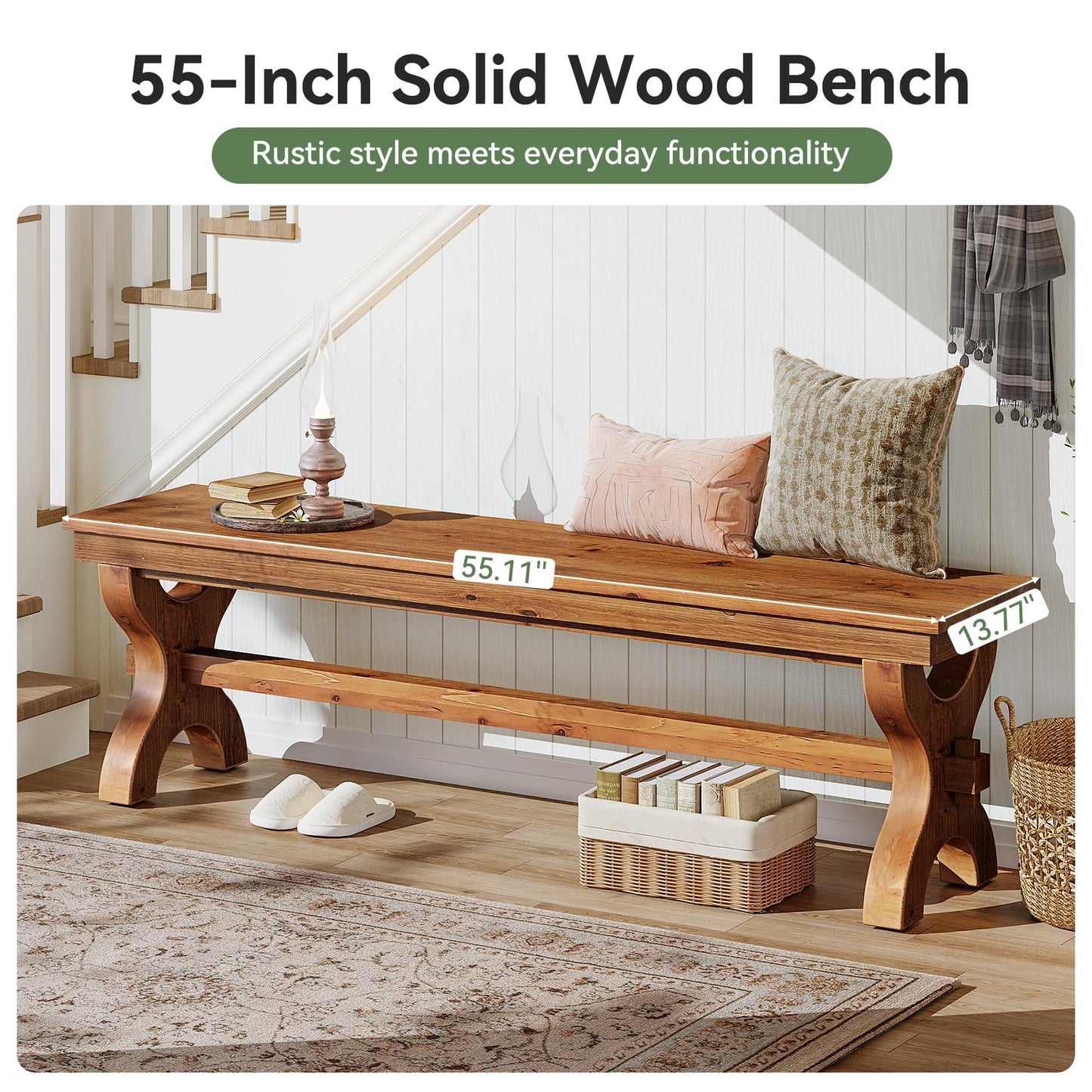 Solid Wood Dining Bench, 55-Inch Long Entryway Shoe Bench, Farmhouse Indoor Seat for Dining Room, Living Room, Hallway, Brown (1, Brown)