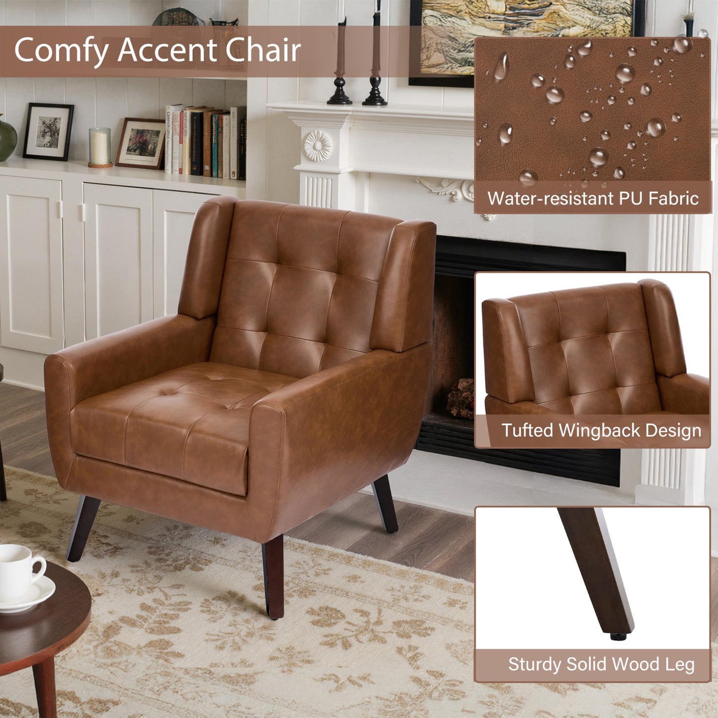 Faux Leather Accent Chairs Set of 2, Mid-Century Modern Upholstered Armchair, Comfy Living Room Chairs Reading Chairs with Button Tufted Back & Solid Wood Legs for Bedroom, Office, Black