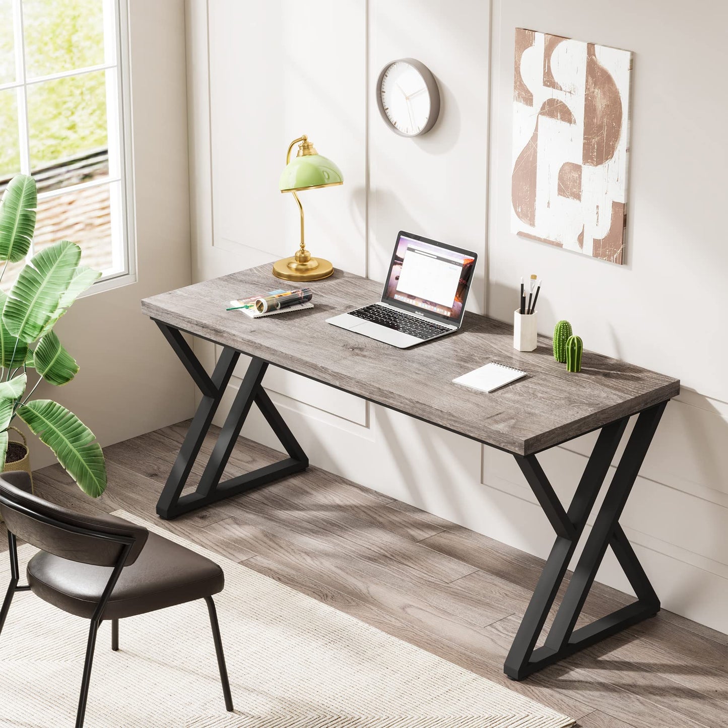 Tribesigns Modern Walnut/White 55" Heavy Duty Computer Desk, Study & Work Desk, 23.6"D x 55.1"W x 29.5"H, Z-Shaped Metal Legs, 330 lbs Capacity