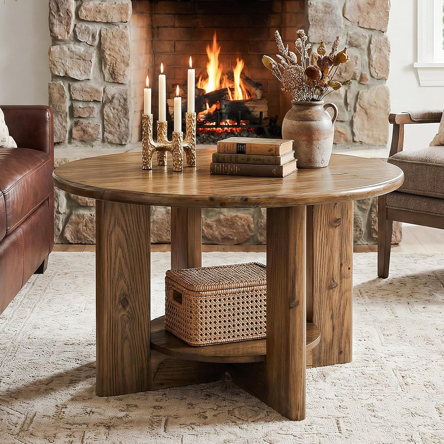 Solid Wood Round Coffee Table, 2-Tier Circle Coffee Table with Storage, Farmhouse Wood Accent Center Table for Living Room, Easy Assembly, Rustic Brown