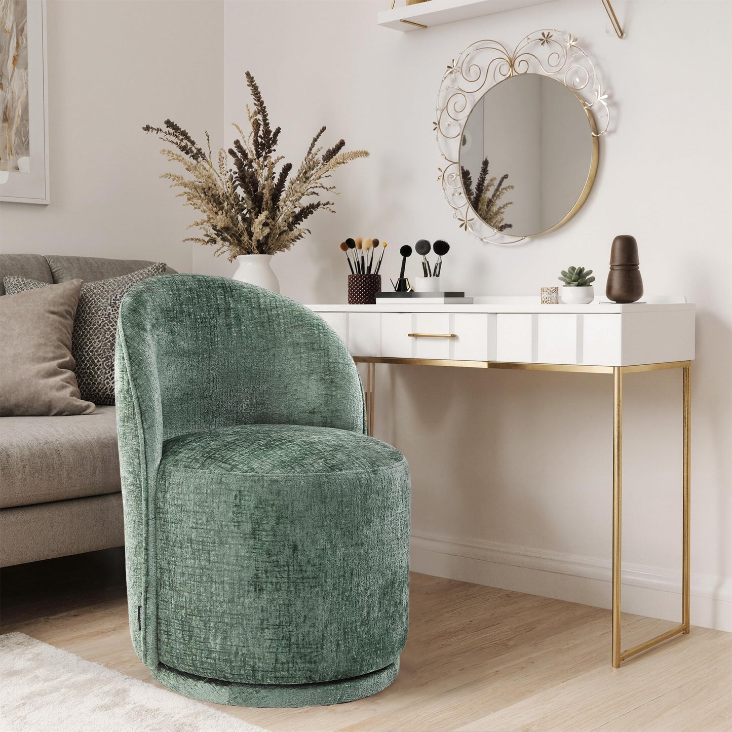 Swivel Barrel Dining Chairs Set of 2, Faux Leather Upholstered Round Dining Chairs, 360° Swivel Vanity Chair Comfy Armless Accent Makeup Chair for Dining/Living Room Makeup Room, Brown