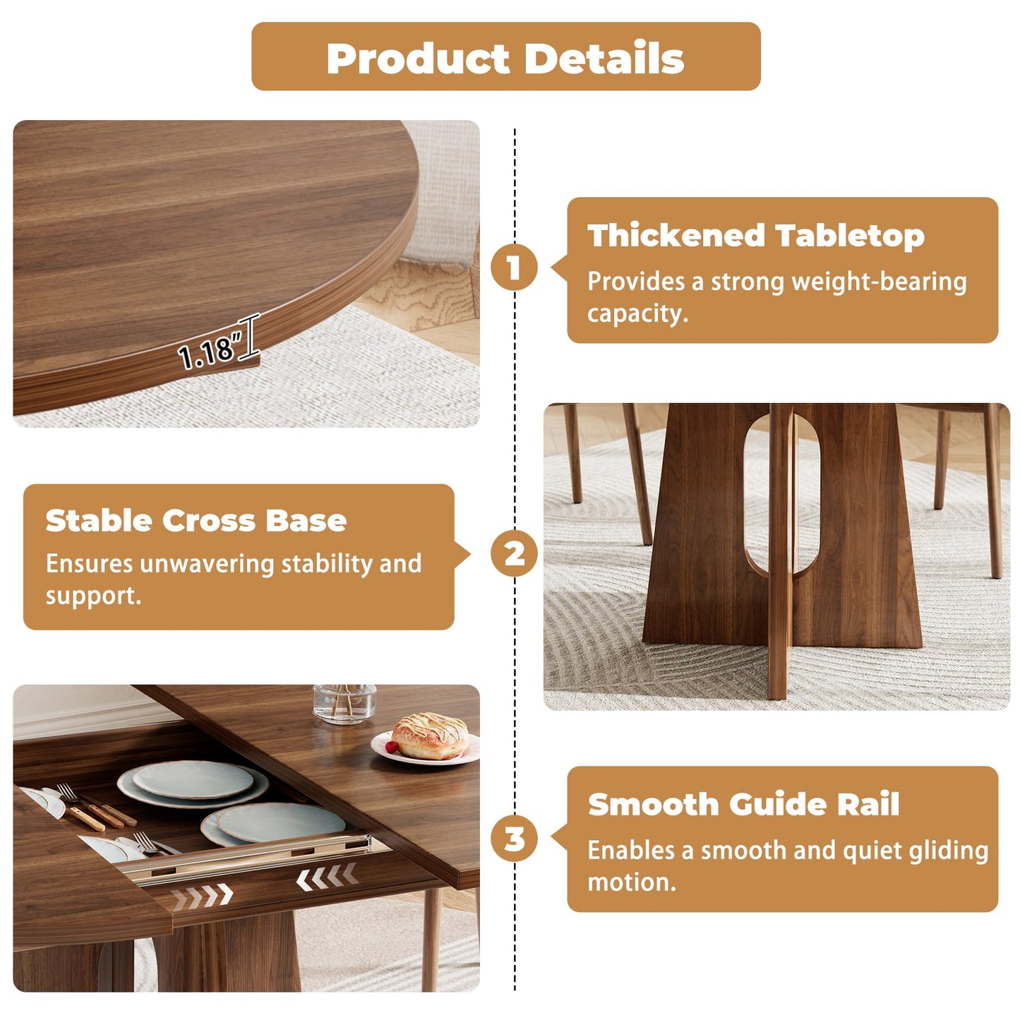 Epecoya 59-Inch Extendable Round to Oval Pedestal Dining Table, Farmhouse Wood Kitchen Table for 4-6 People, Space-Saving Expandable Dinner Table with Heavy Cross Base, Dark Brown Walnut