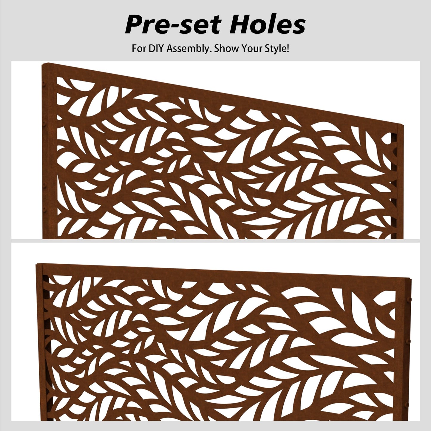 Outdoor Metal Privacy Screen with Stand, 72" H x 47" W Freestanding Outdoor Patio Divider, Decorative Patio Privacy Fence Panel for Garden Backyard Balcony Porch (Brown-Crossbanding)
