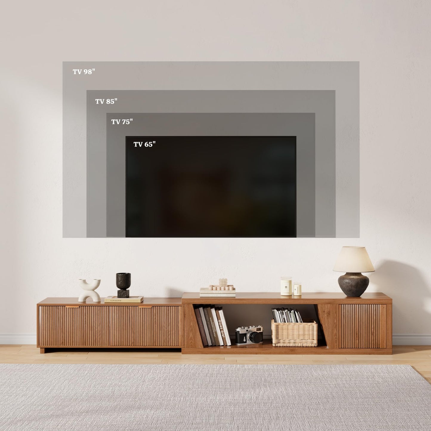 Epecoya 98 Inch Extendable TV Stands for Living Room, Wooden Extra Long TV Stand with Adjustable Shelf and Drawers, Fluted TV Console with Storage Cabinet, Warm Brown Oak (64.57" W-98.43" W)