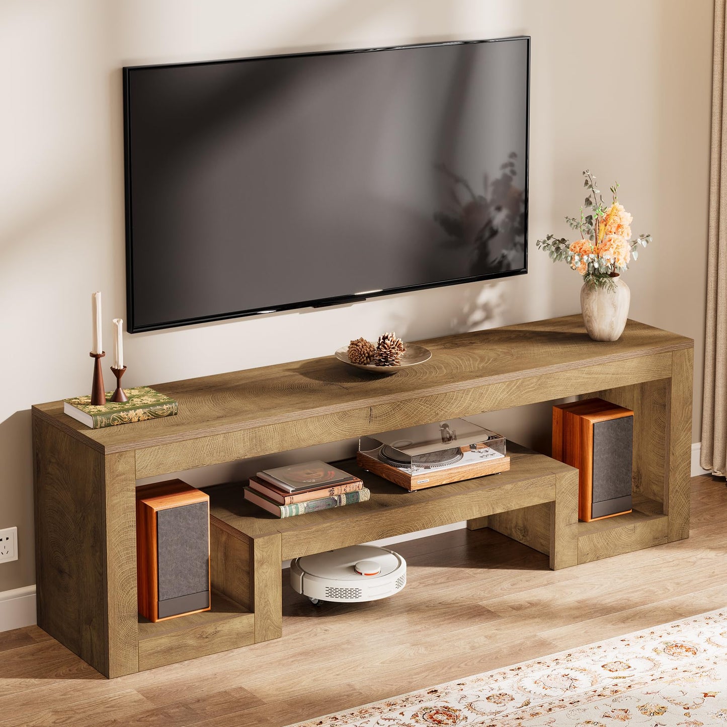 Tribesigns 63-Inch TV Stand for 55/60/65/75-Inch TVs, Farmhouse Entertainment Center with Open Storage Shelves, Wood Television Console for Living Room, Bedroom
