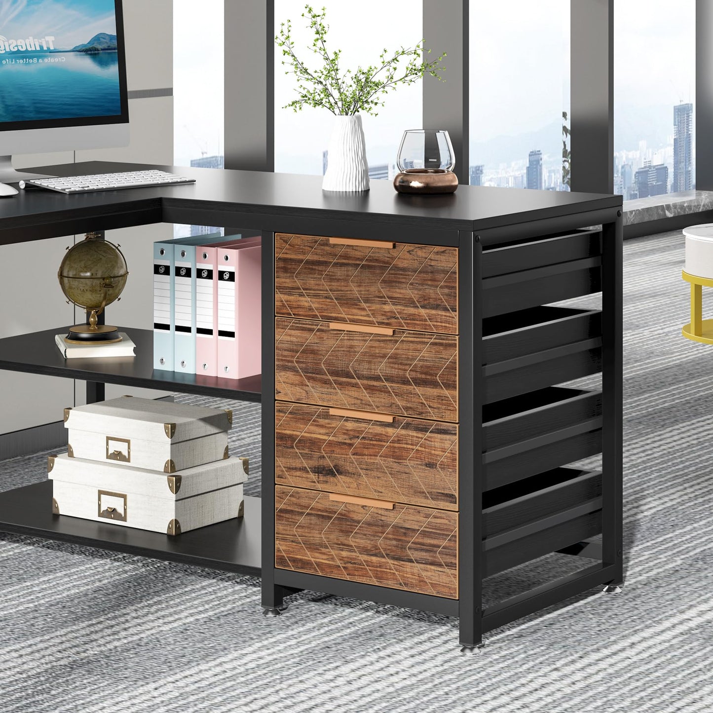 Tribesigns L Shaped Computer Desk with Storage Drawers, 59 inch Corner Desk with Shelves, Reversible L-Shaped Office Desk Study Writing Table Workstation for Home Office, Walnut & White