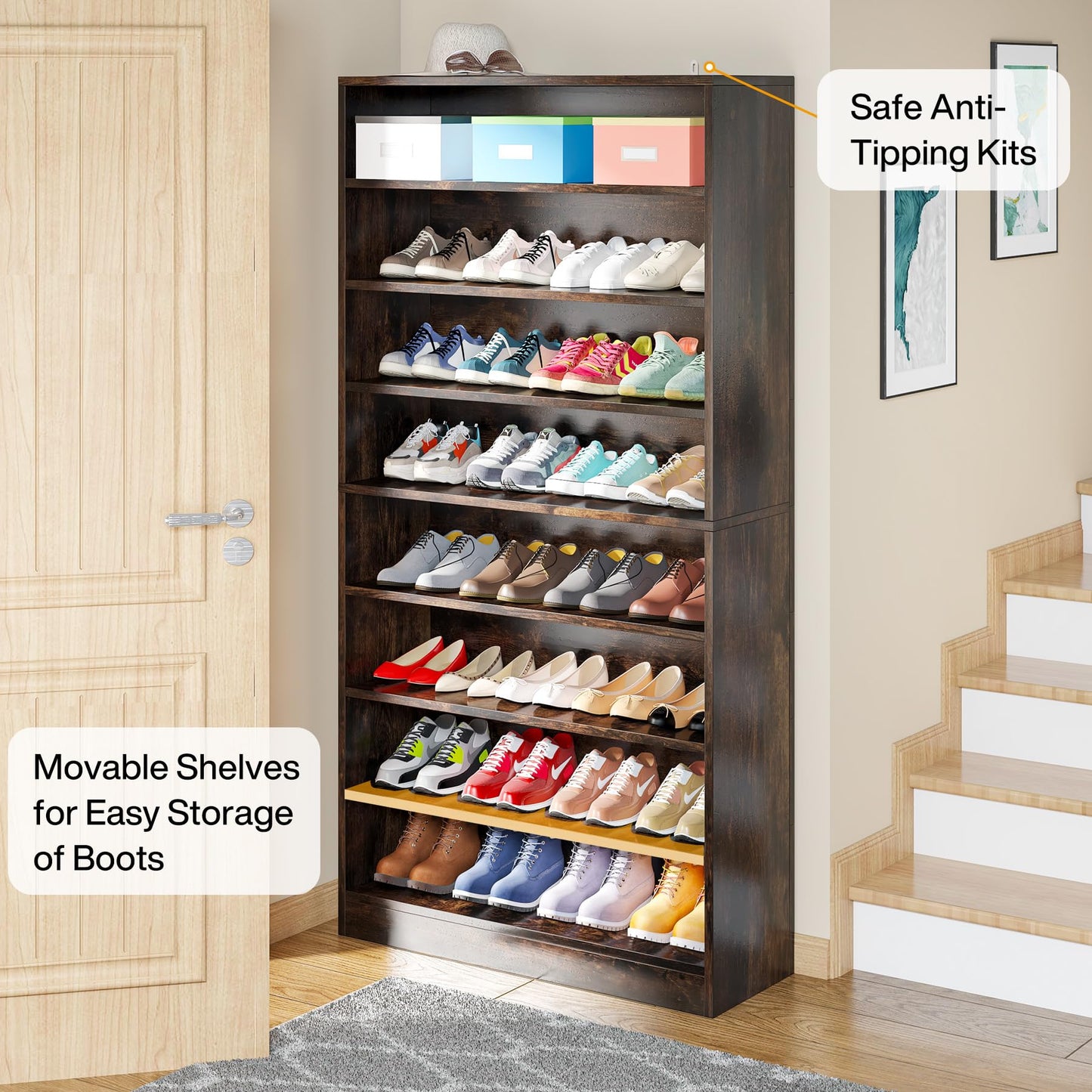 Tribesigns Shoe Cabinet, 9 Tiers 40-45 Pairs Heavy Duty Wood Freestanding Shoe Storage Cabinet, 70.8'' Tall Shoe Cabinet with Open Storage for Entryway, White