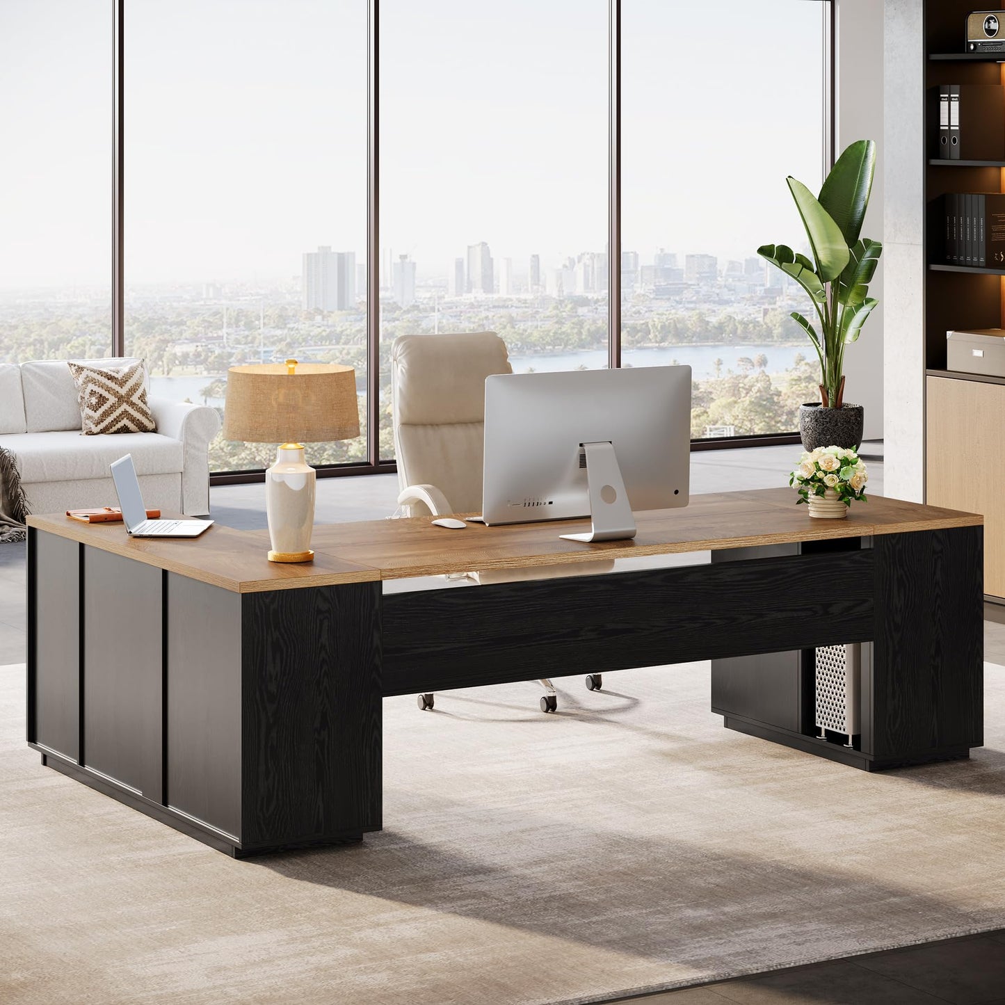 Tribesigns 85.8-Inch L-Shaped Executive Desk with File Drawers, Door Cabinet & Shelves, Extra Large Commercial Office Desk, Modern Professional Office Table, Business Furniture, Warm Brown & Black