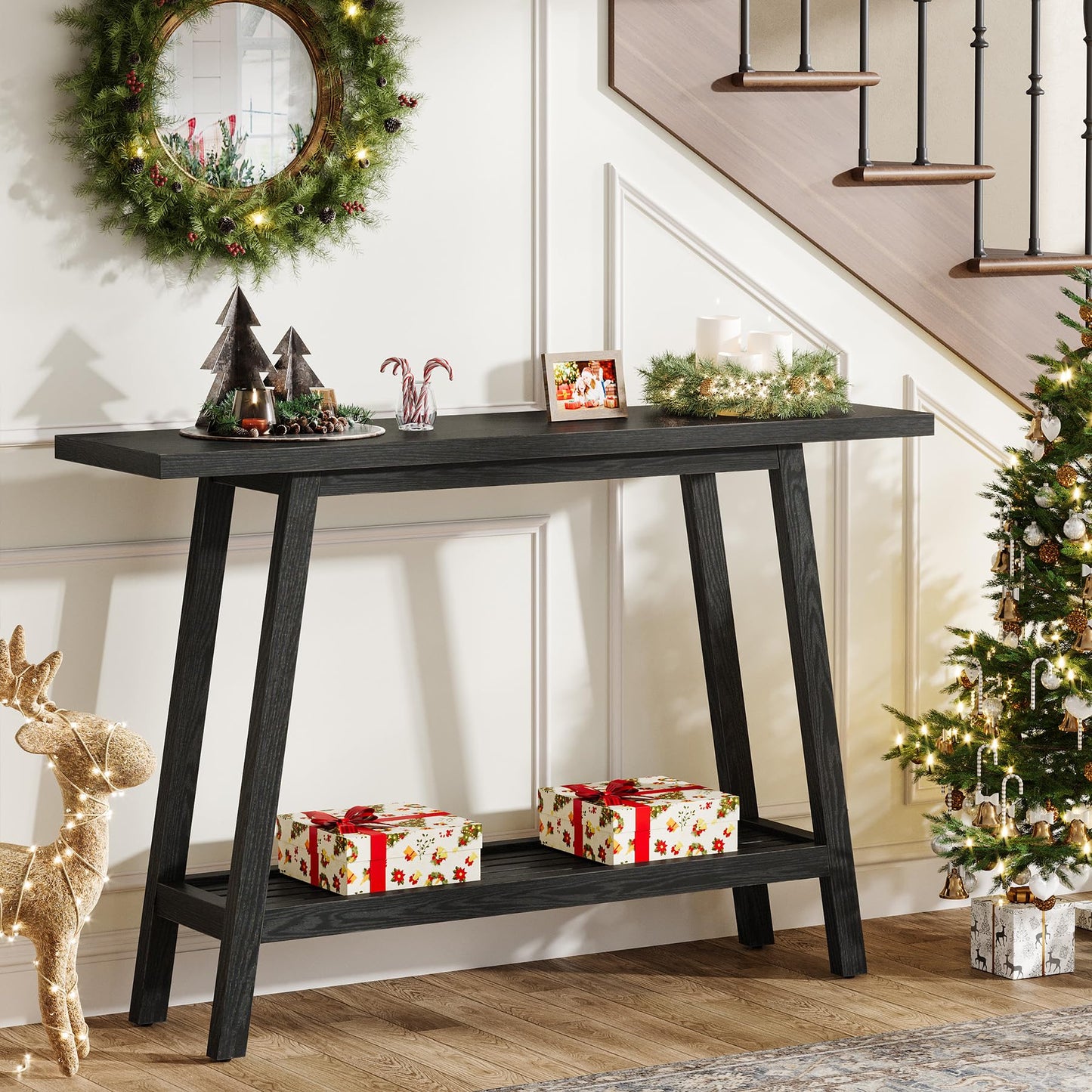 Solid Wood Console Table, 41.3" Rustic Entryway Table with Storage Shelf, 2 Tiers Narrow Skinny Couch Table Behind Sofa for Hallway, Entrance, Foyer, Living Room, Brown (Brown)
