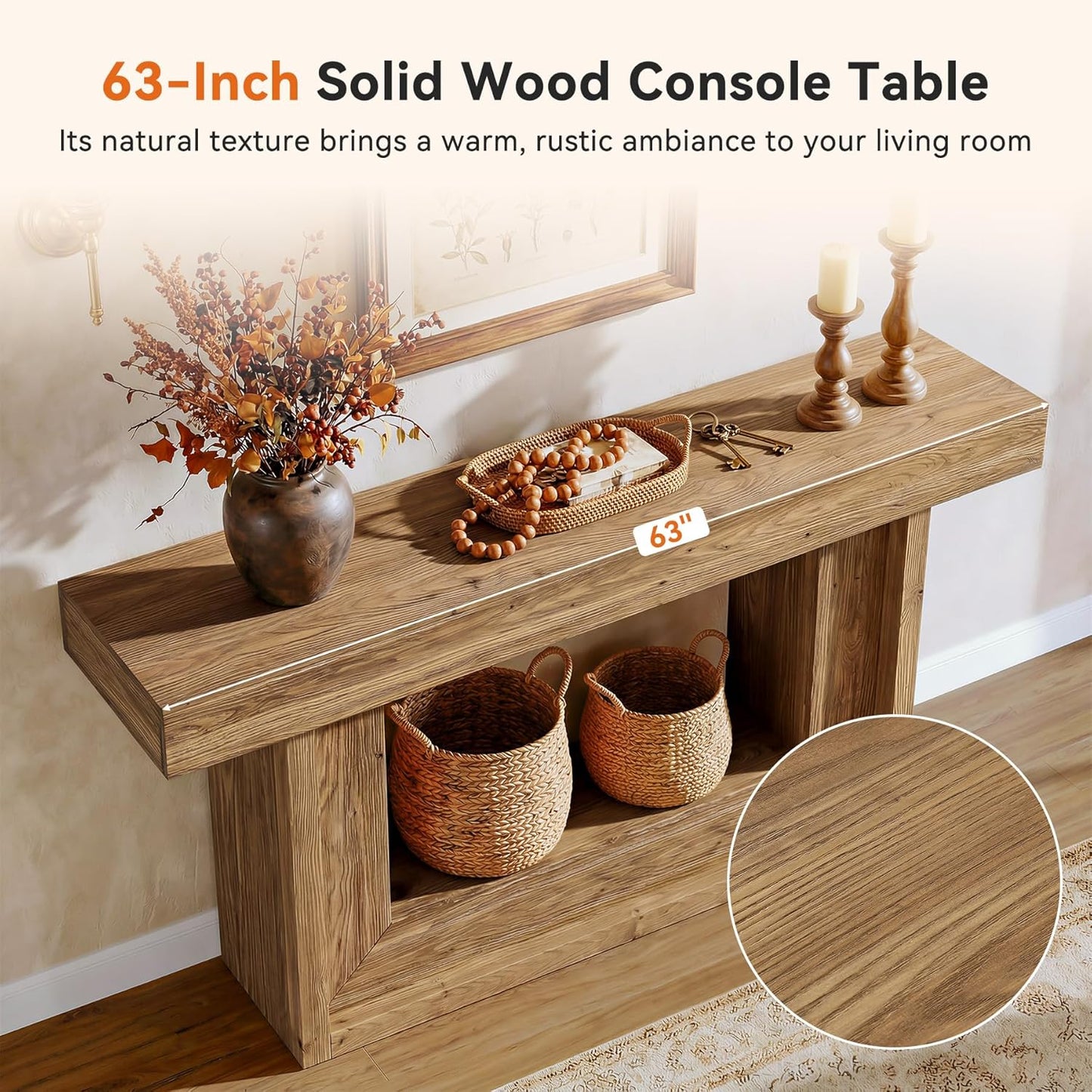 Wood Console Table, 63-Inch Farmhouse Entryway Table with Open Storage Shelf, Narrow Solid Wood Sofa Table Behind Couch for Living Room, Entrance, Foyer, Hallway, Natural