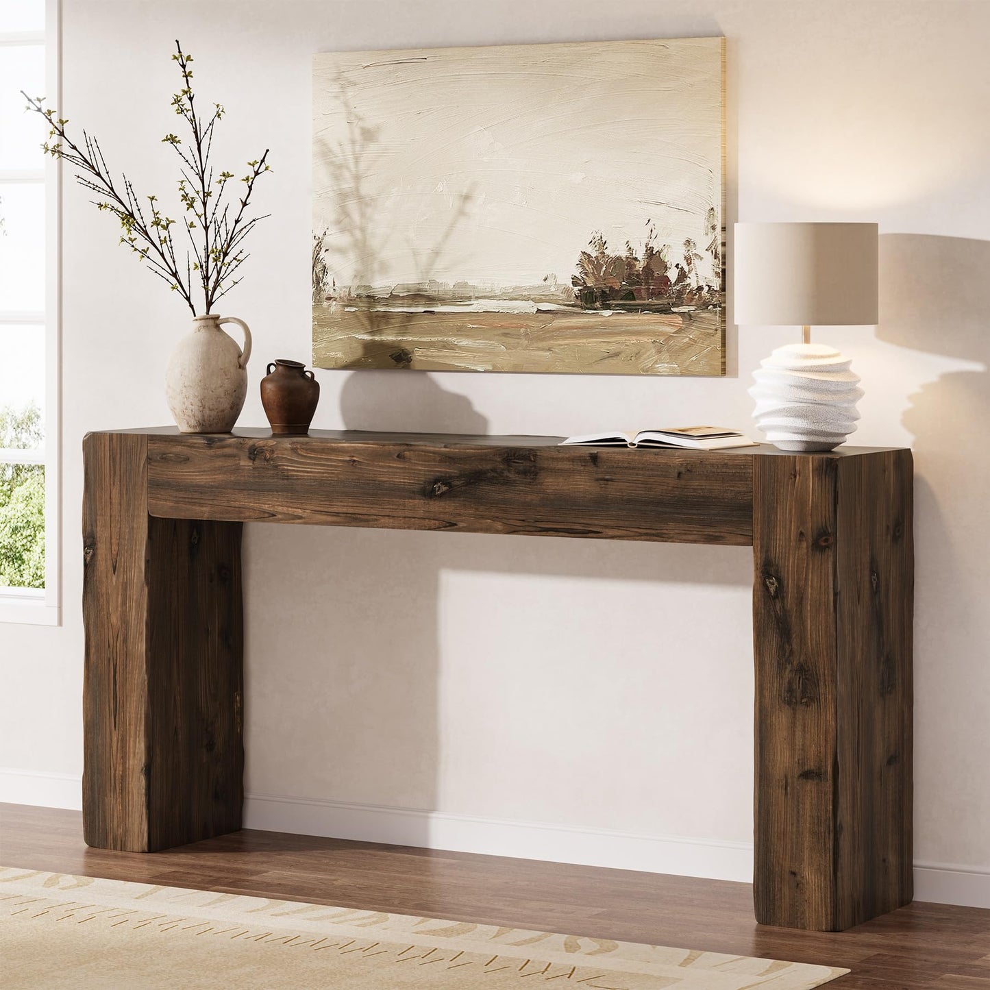 Solid Wood Console Table, 63-Inch Farmhouse Sofa Table Behind Couch for Entryway, Living Room, Foyer, Easy Assembly (Light Wood)