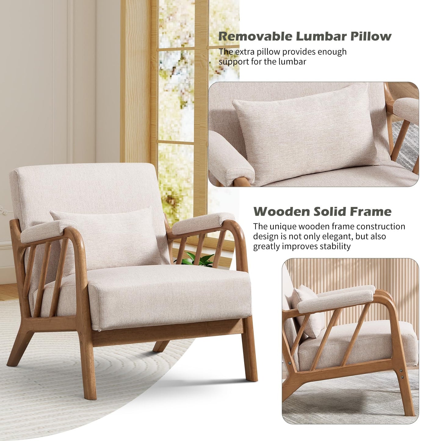 IOMOR Mid Century Modern Accent Chair with Solid Wood Frame Linen Fabric, Upholstered Living Room Chairs with Lumbar Cushion Padded Arms, Reading Armchair for Bedroom (1, Warm Beige)