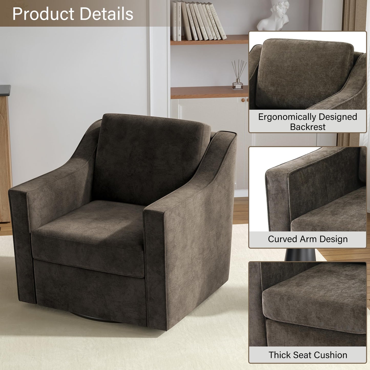 Swivel Accent Chairs Set of 2, 360° Swivel Upholstered Faux Leather Club Armchairs for Living Room, Comfy Single Sofa Reading Chair with Deep Seat, Metal Swivel Base, Coffee