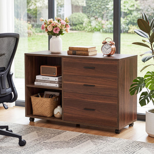 Tribesigns 39-Inch Rolling File Cabinet with 3 Drawers, Wooden Office Lateral Filing Cabinet, Modern Printer Stand with Storage Shelves for Home Office, Light Brown