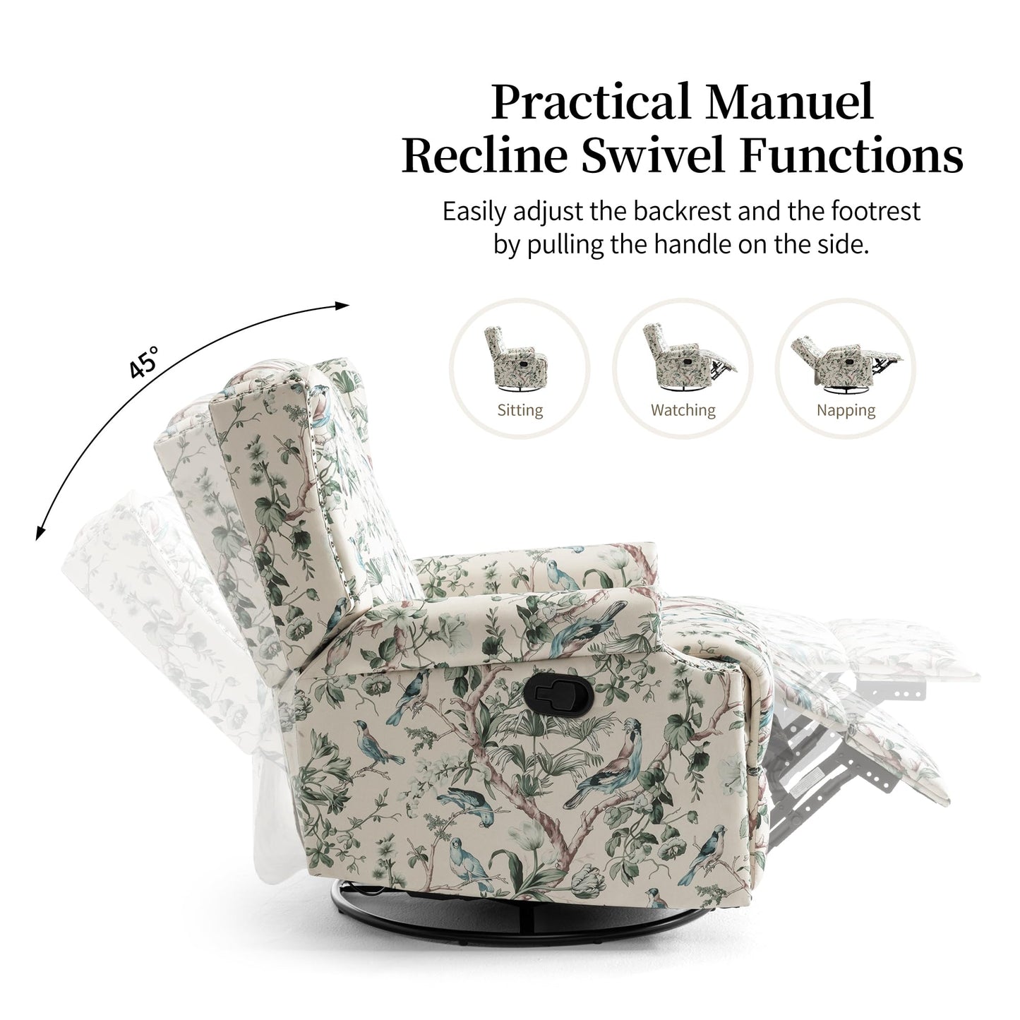 Swivel Rocker Recliner Chair, 360° Swivel Wingback Recliner Chairs for Adults, Upholstered Printed Fabric Glider Rocking Chair with High Back, Deep Seat for Living Romm Bedroom, Bird