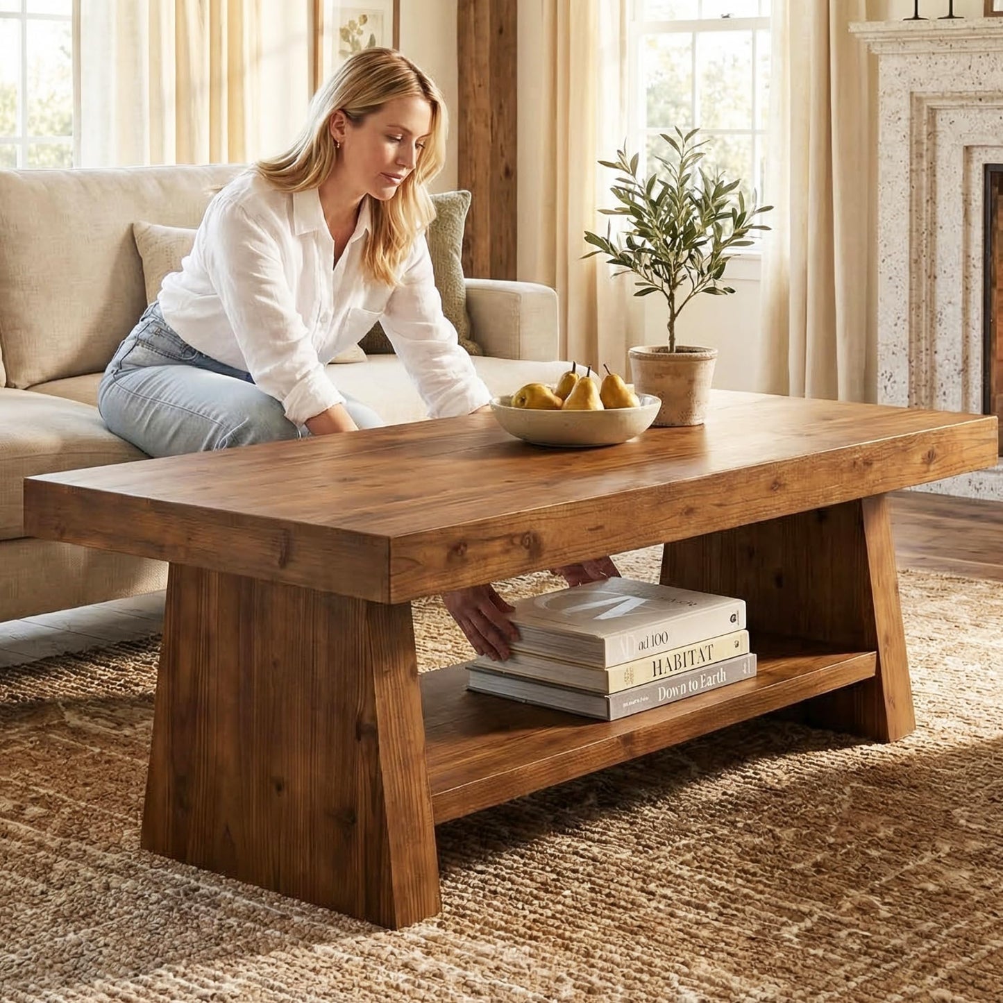 Solid Wood Coffee Table, 47-Inch Farmhouse Wooden Coffee Table for Living Room, 2-Tier Rectangular Center Table with Storage for Apartment, Home Office, Dark Brown